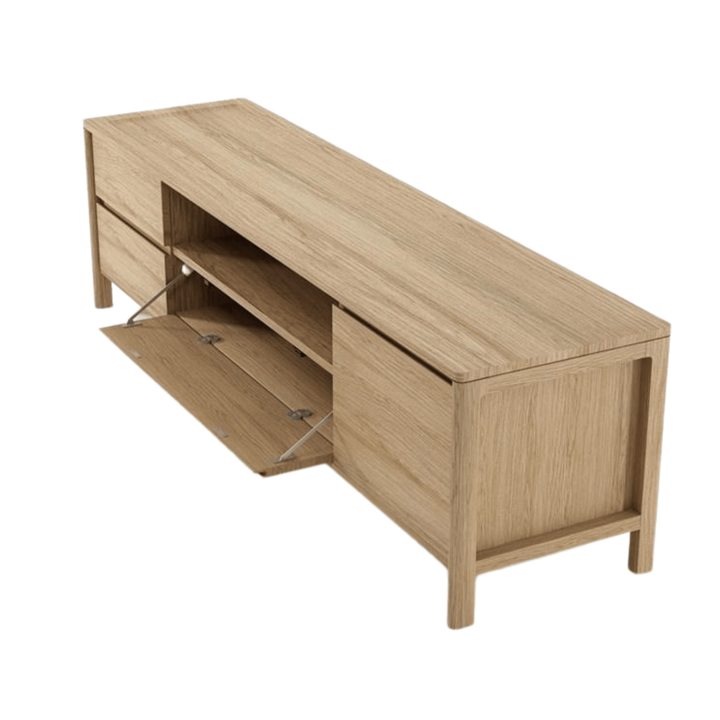 Wooden media console with open door