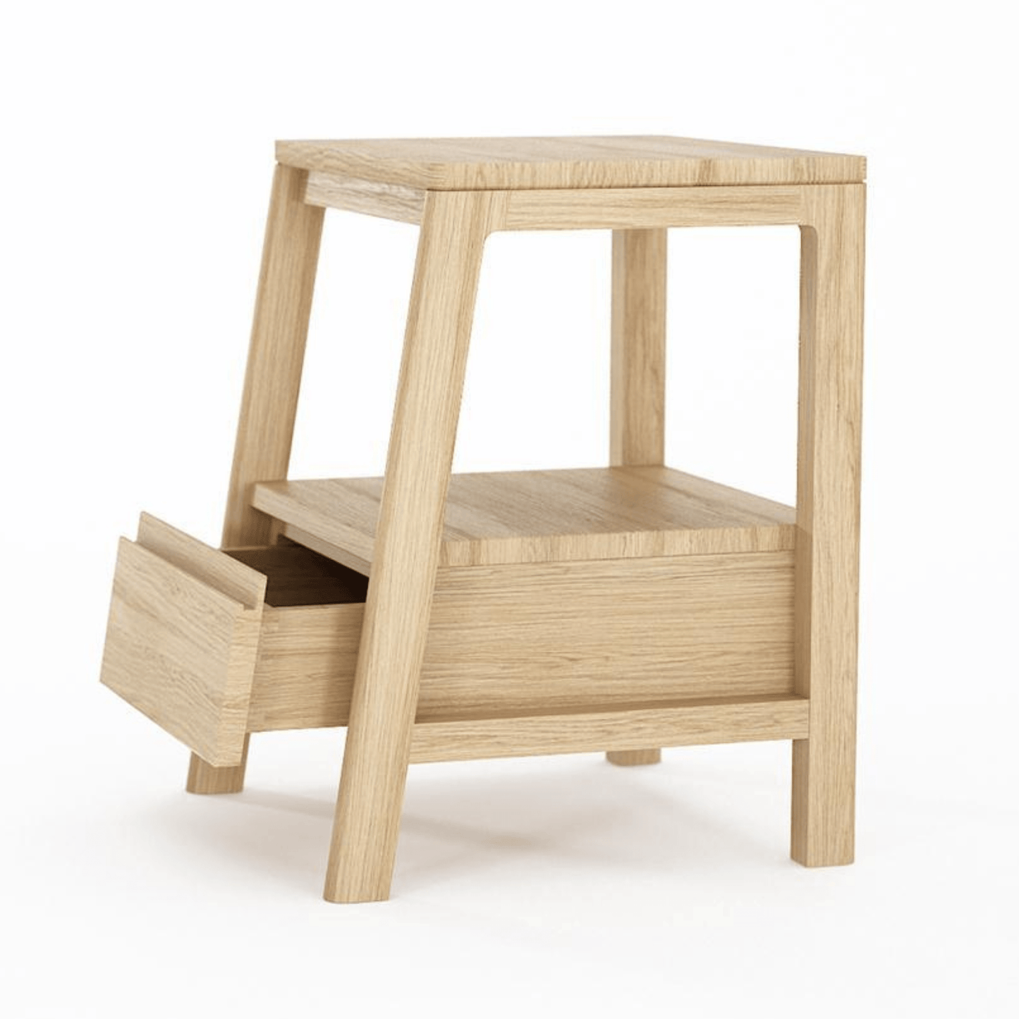 Wooden side table with open drawer.