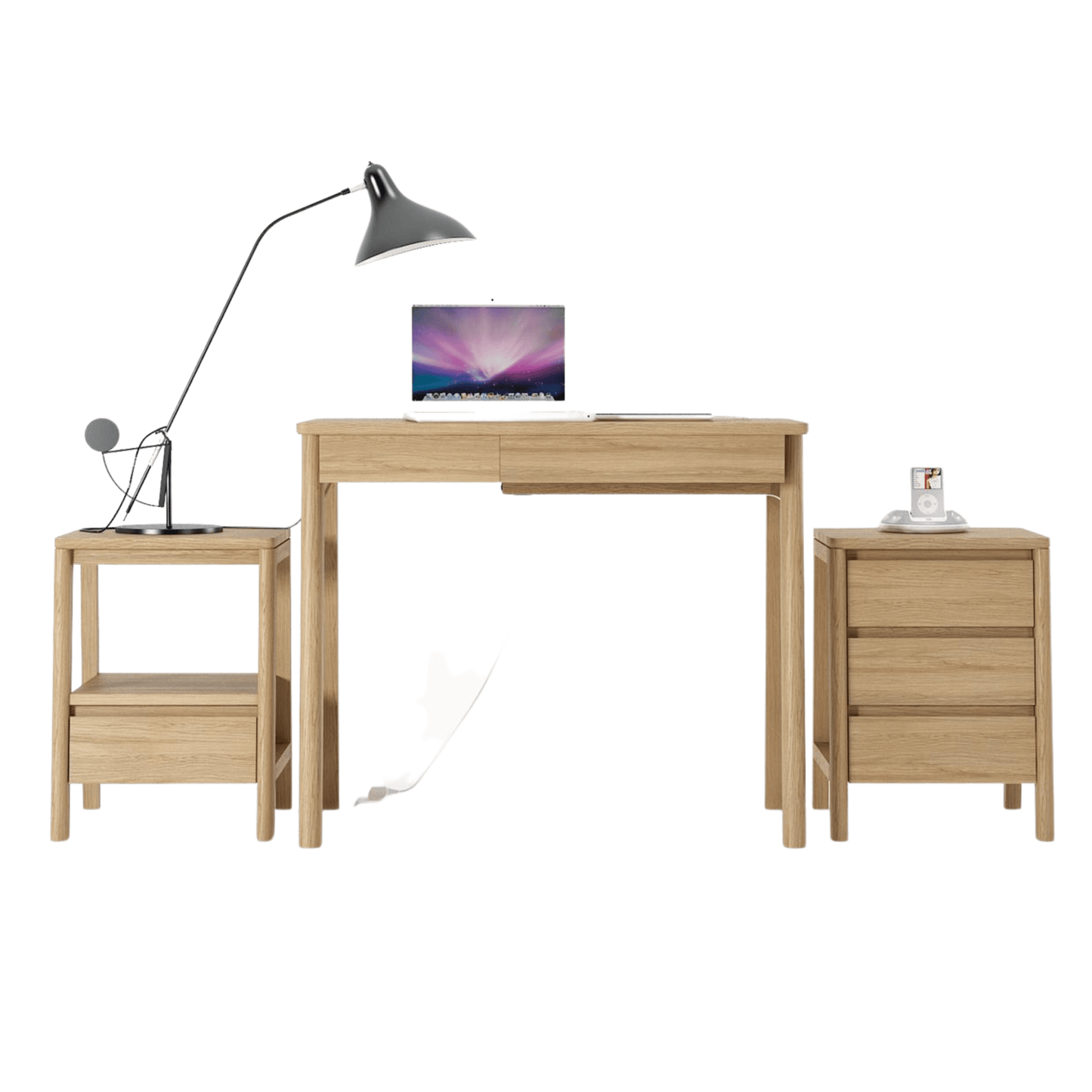 Wooden desk and nightstands with lamp and laptop.