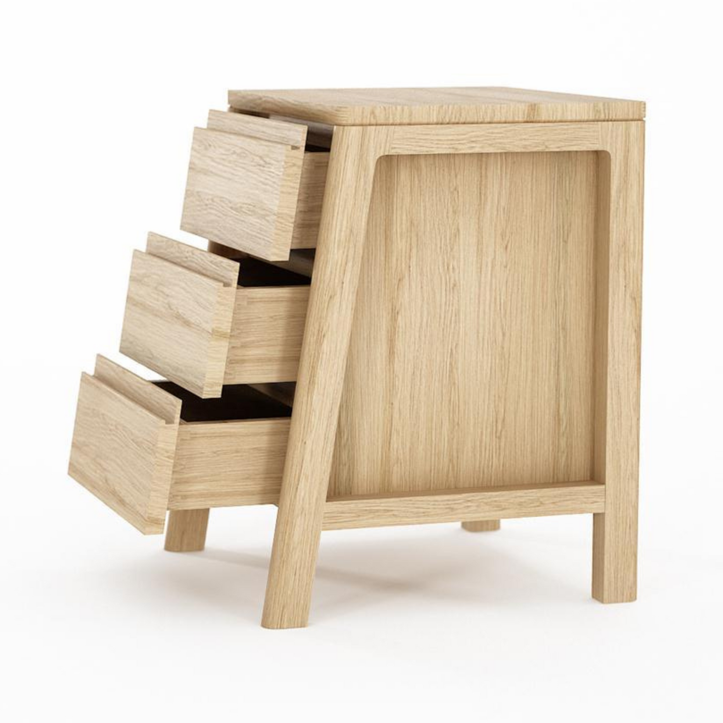 Wooden nightstand with three open drawers.