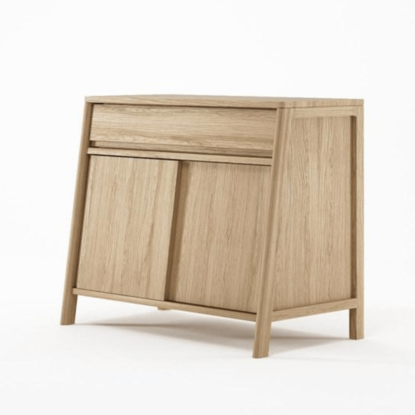 Wooden cabinet with drawer and sliding doors.
