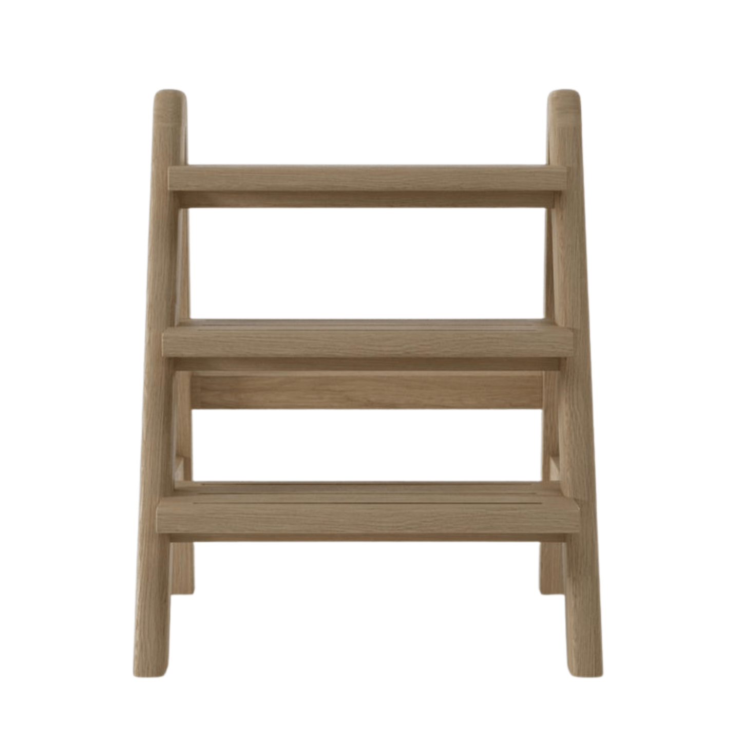 Wooden step stool with three rungs.