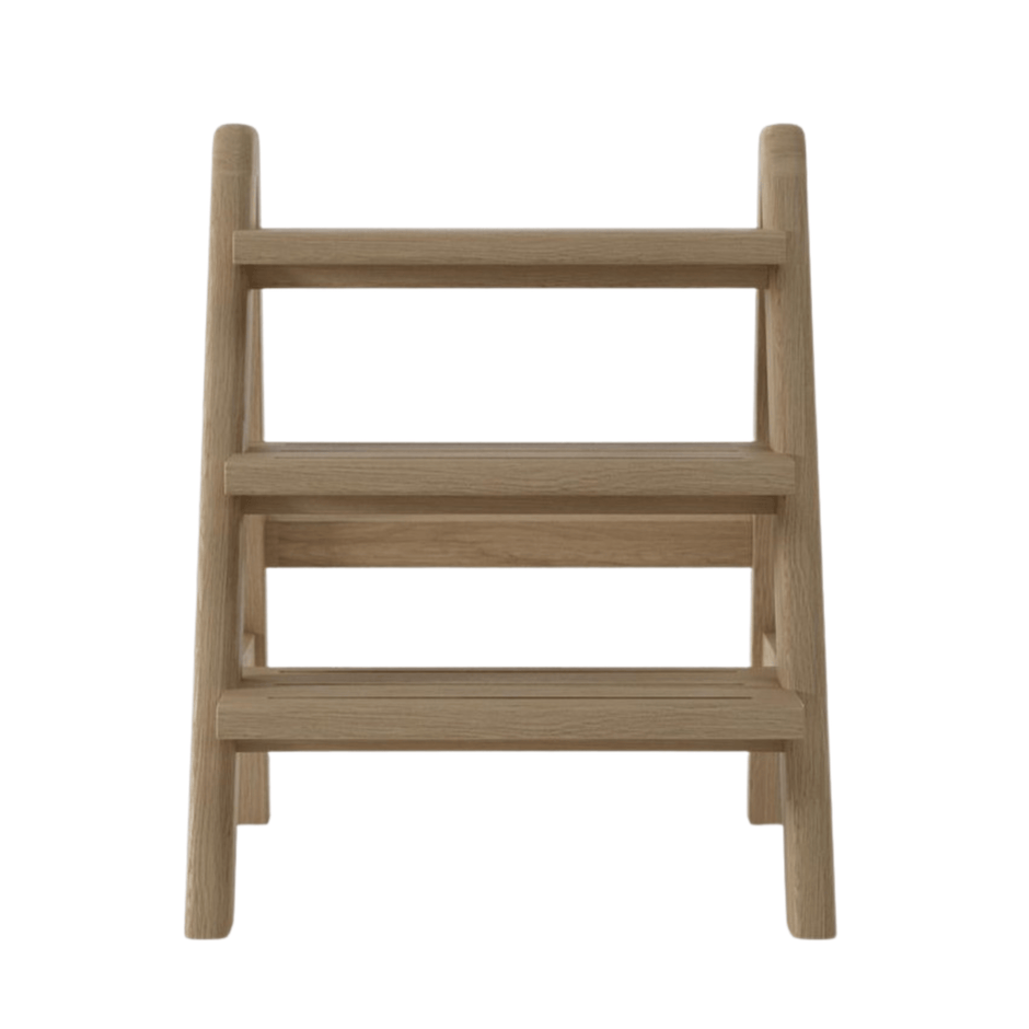 Wooden step stool with three rungs.