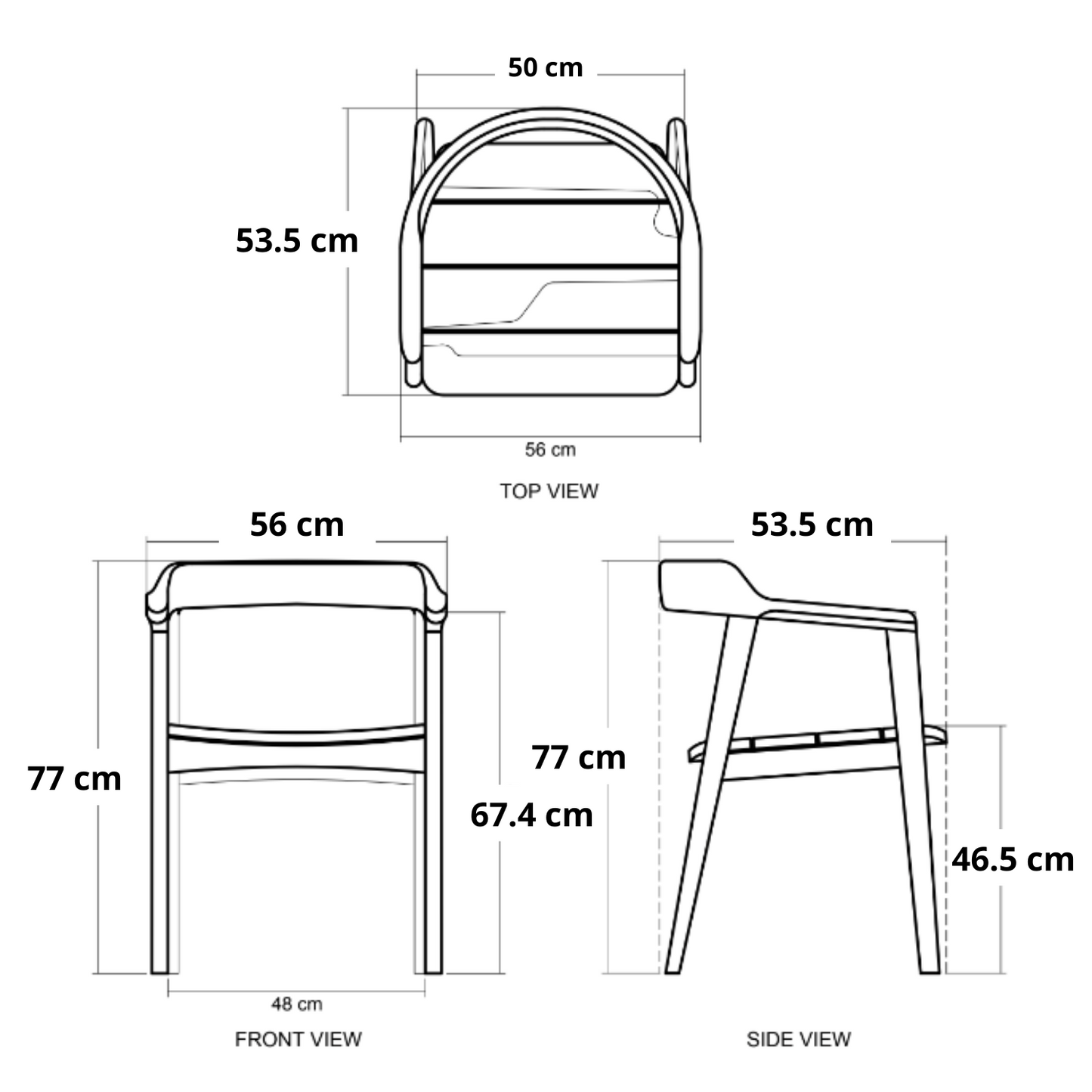 Line drawing of a chair with dimensions.