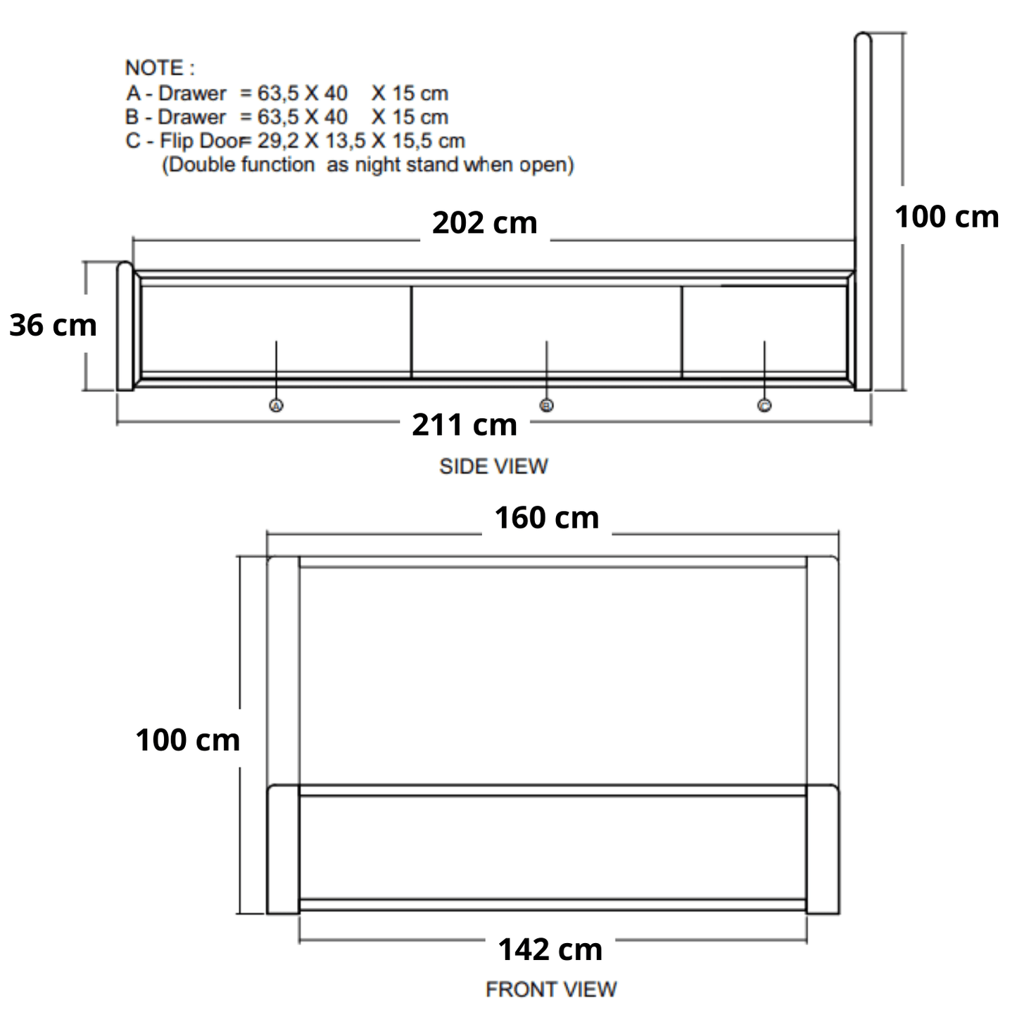 Diagram of a bed with dimensions.