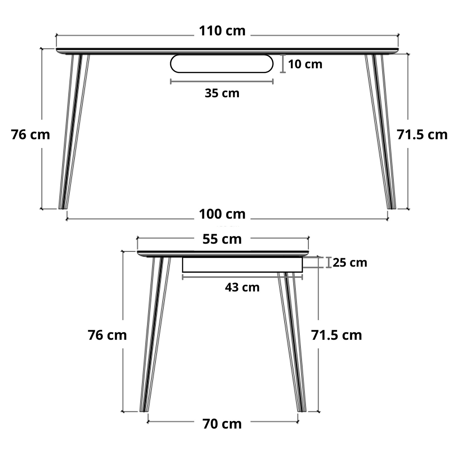 Diagram of a desk with dimensions labeled.