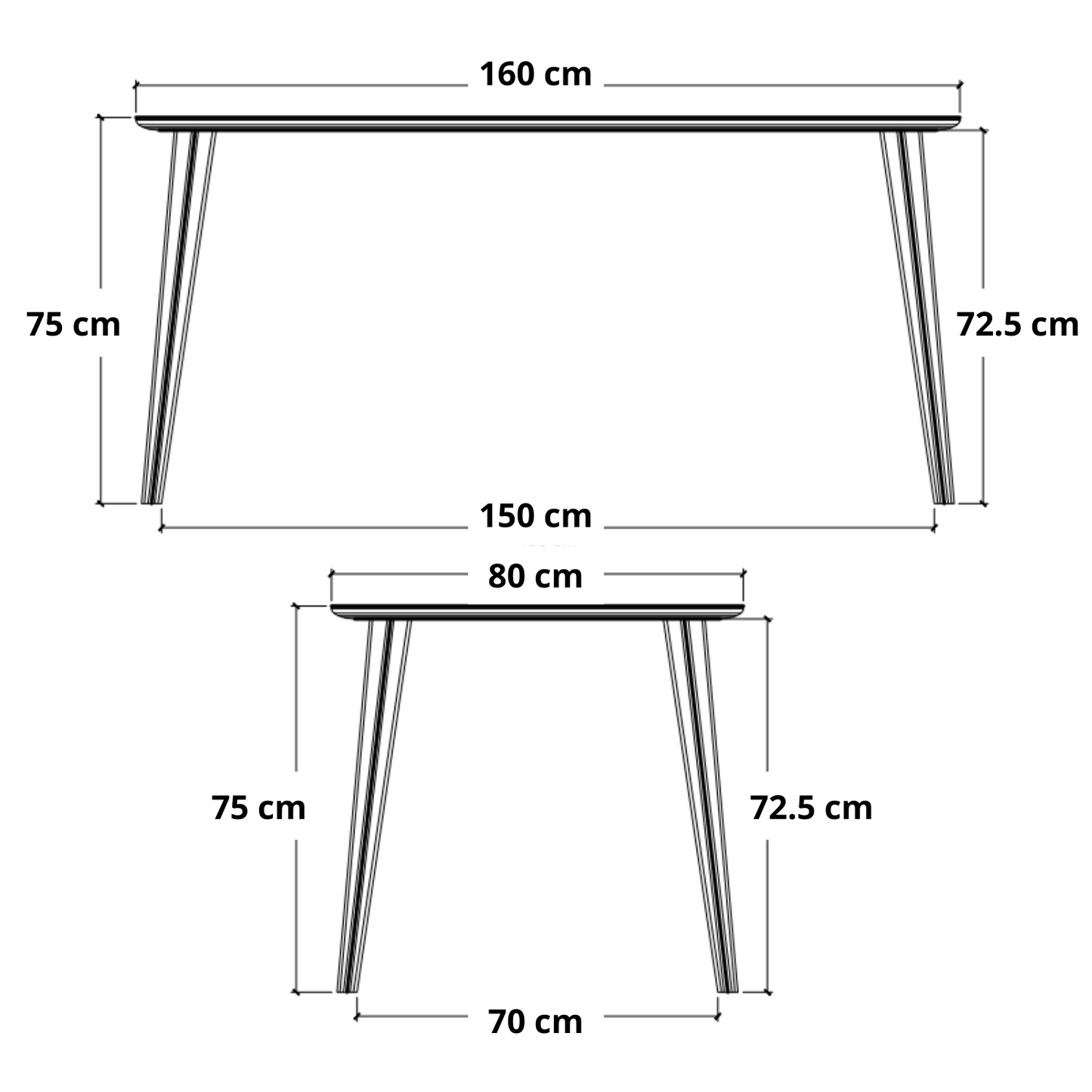 160cm x 75cm, 80cm x 75cm, 70cm x 72.5cm.