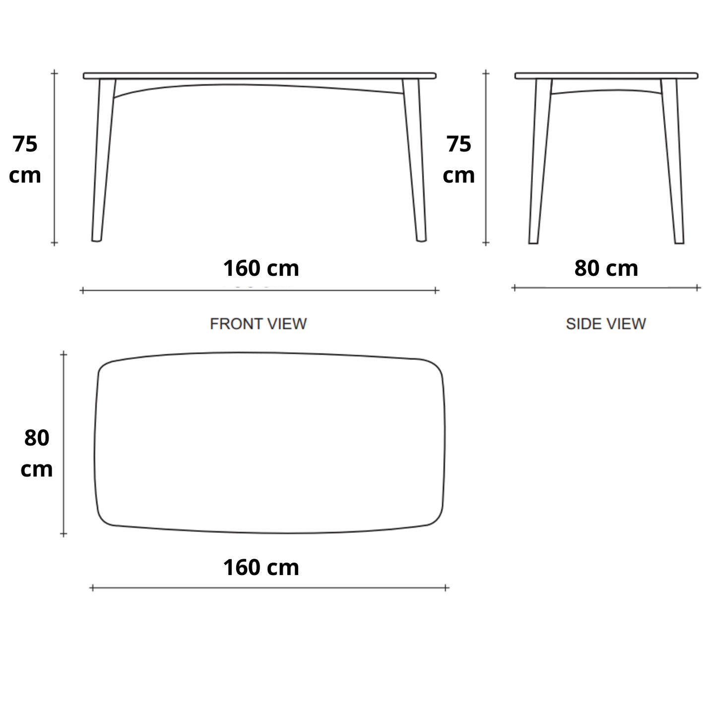 Diagram of a table with front, side, and top views, with dimensions.