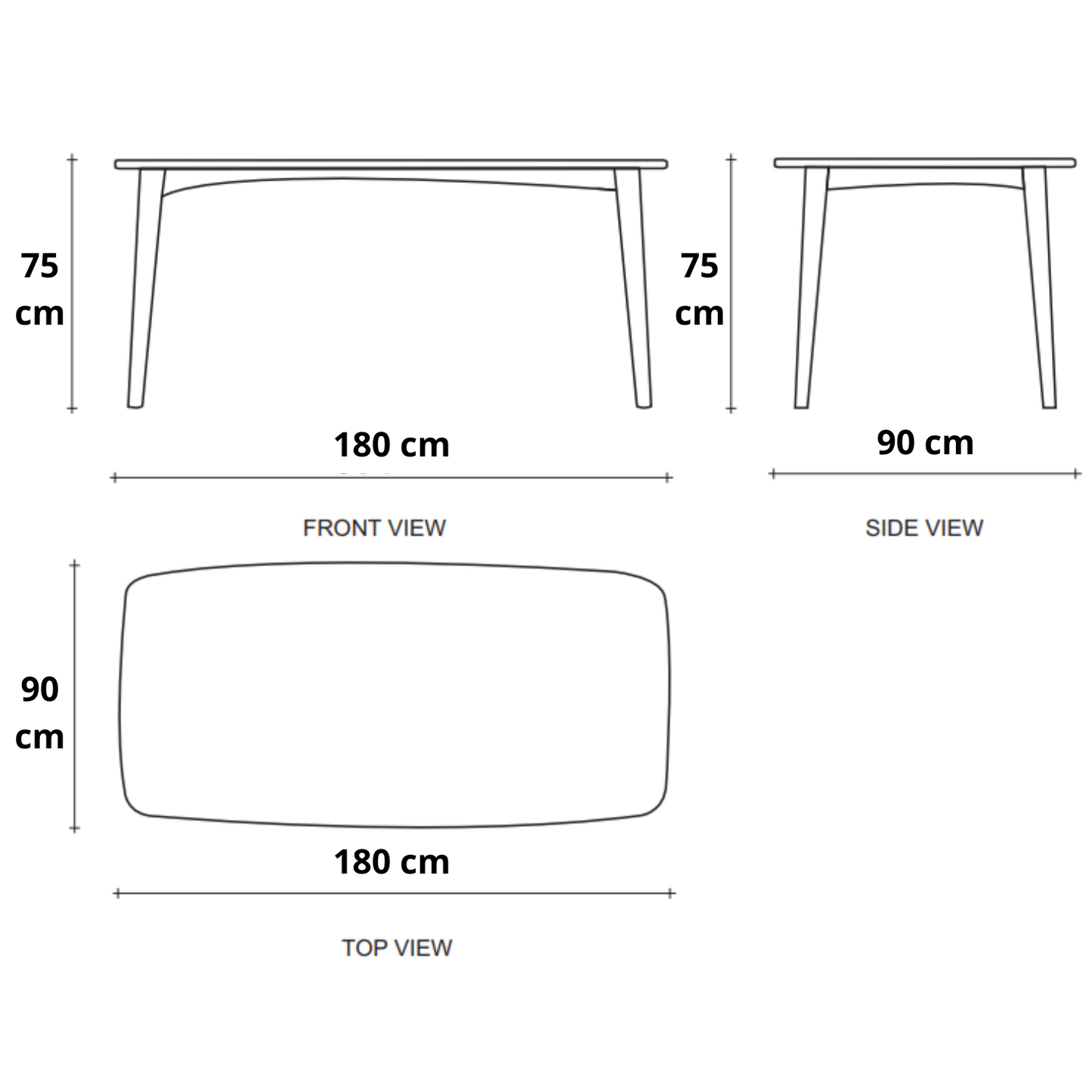 Diagram of a table with front, side, and top views and dimensions.