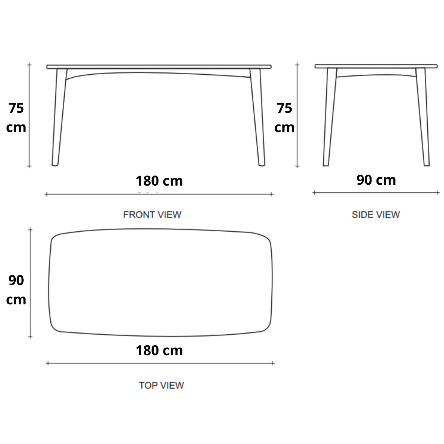 Diagram of a table with front, side, and top views and dimensions.