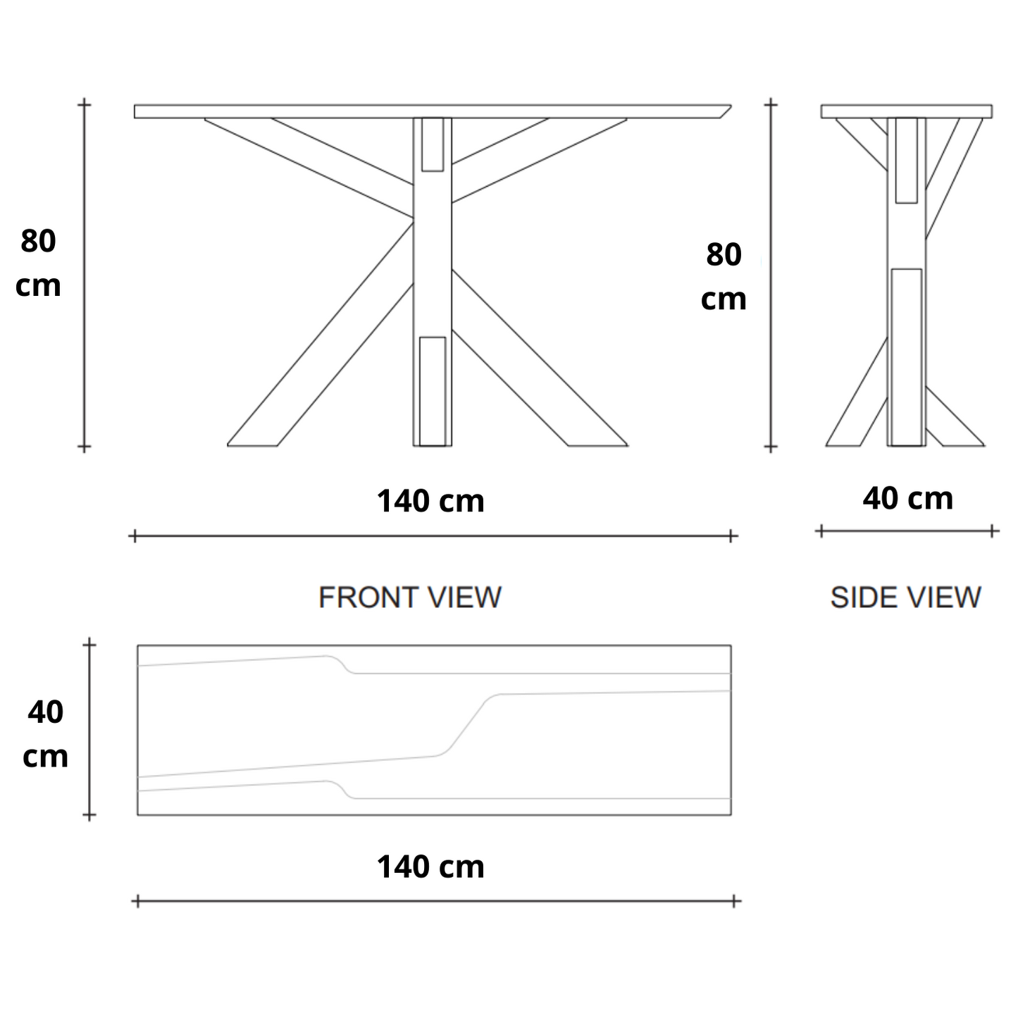 Diagram of a table with dimensions and views labeled.