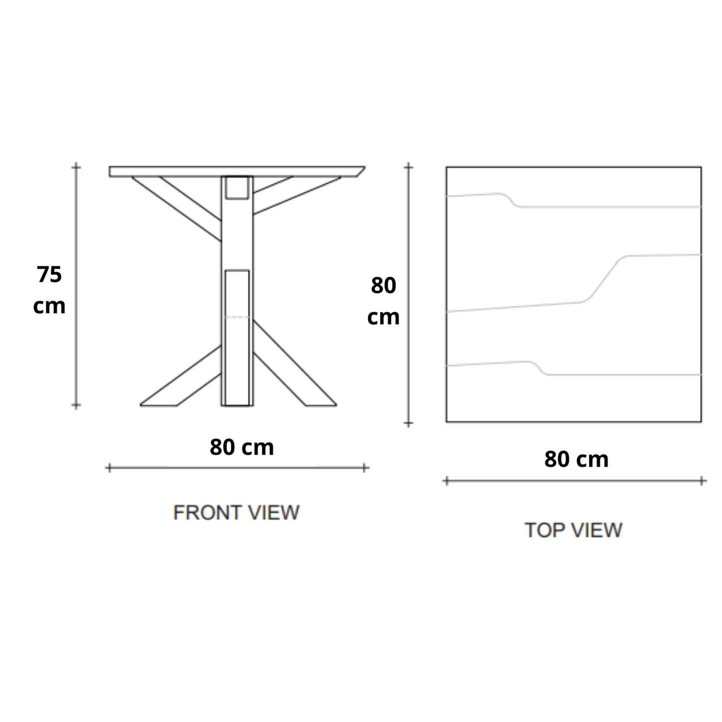 Diagram of a table with front and top view dimensions.