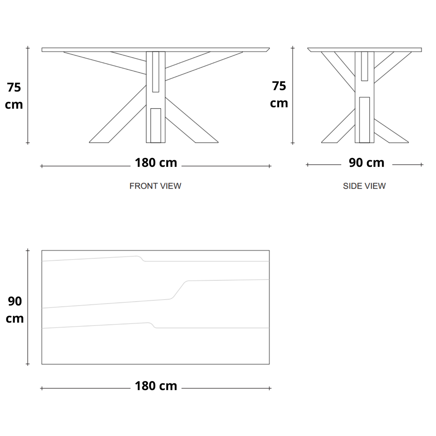 Front, side, and top views with measurements.