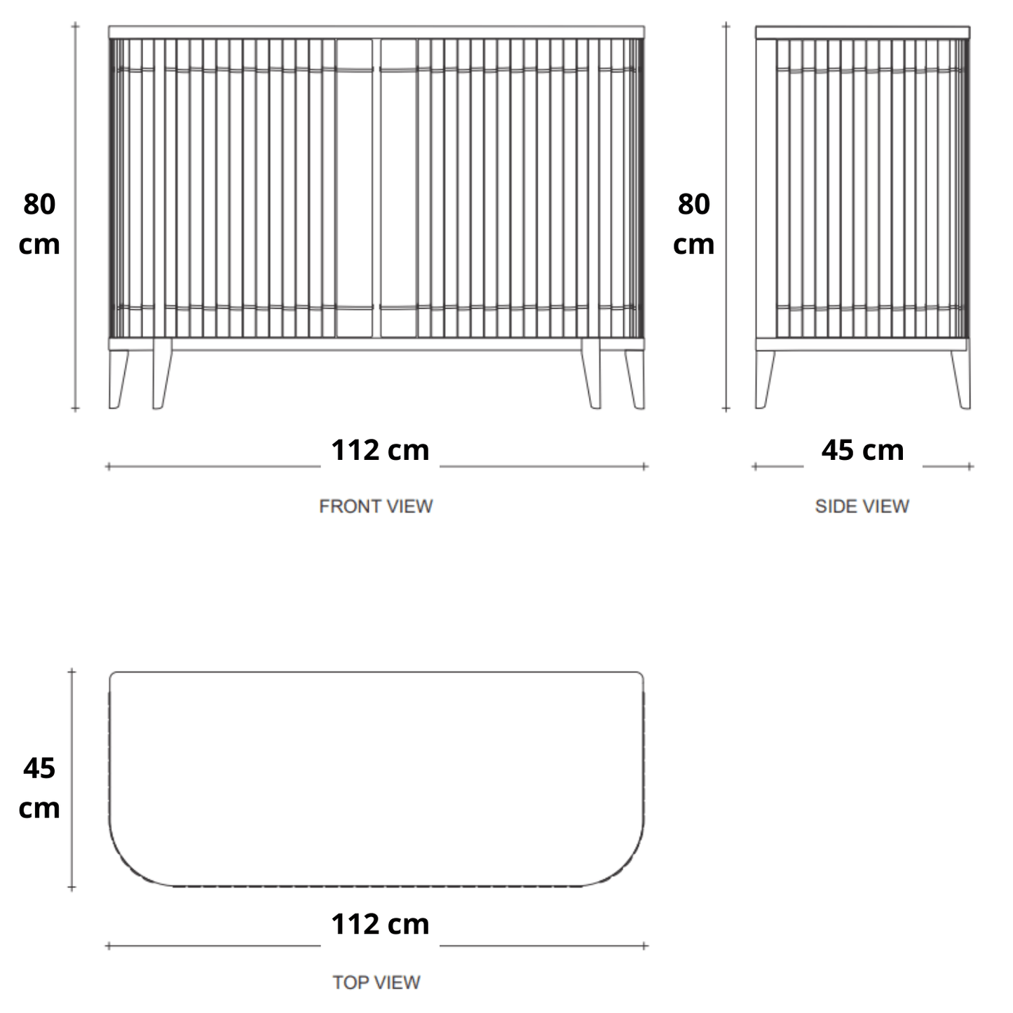 112x80x45cm, front, side, and top views.
