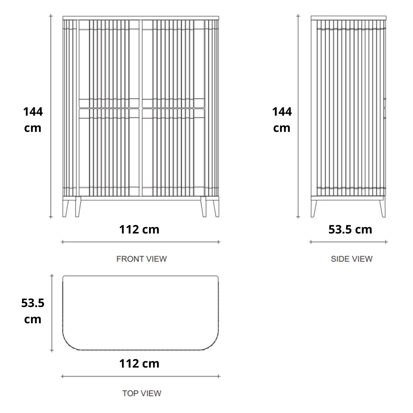 144cm x 112cm x 53.5cm - front, side, & top views