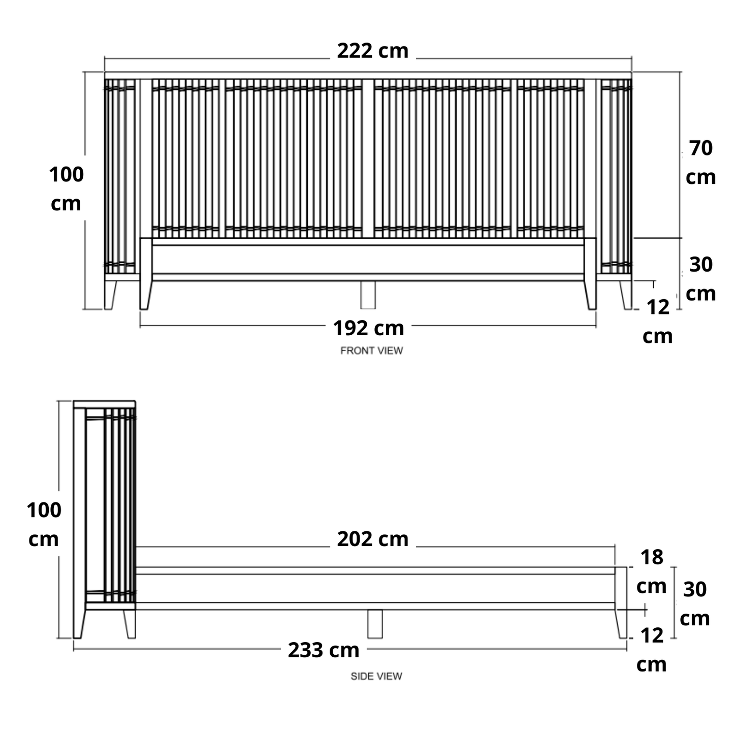 Diagram of a bed frame with dimensions.