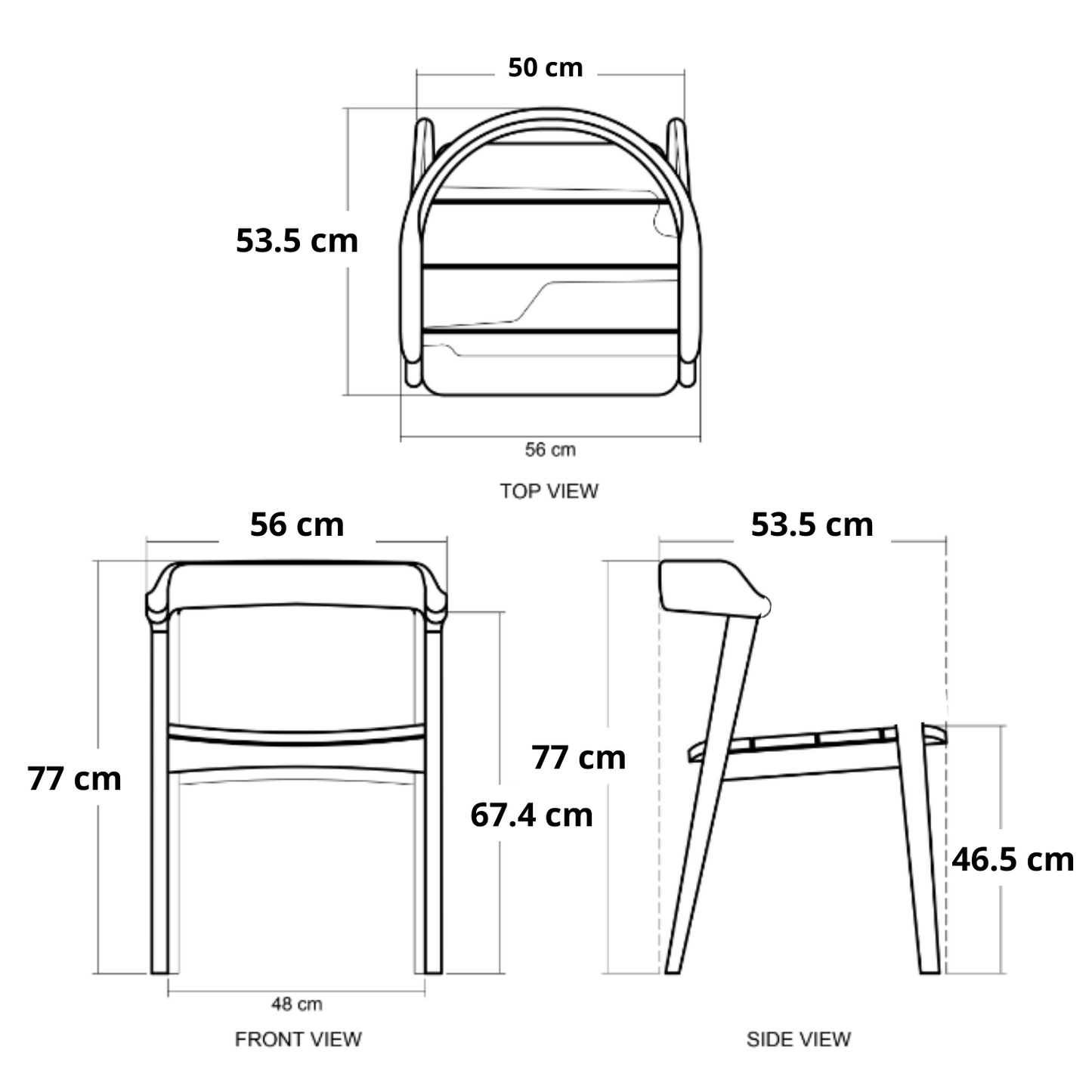 Diagram of a chair with dimensions.