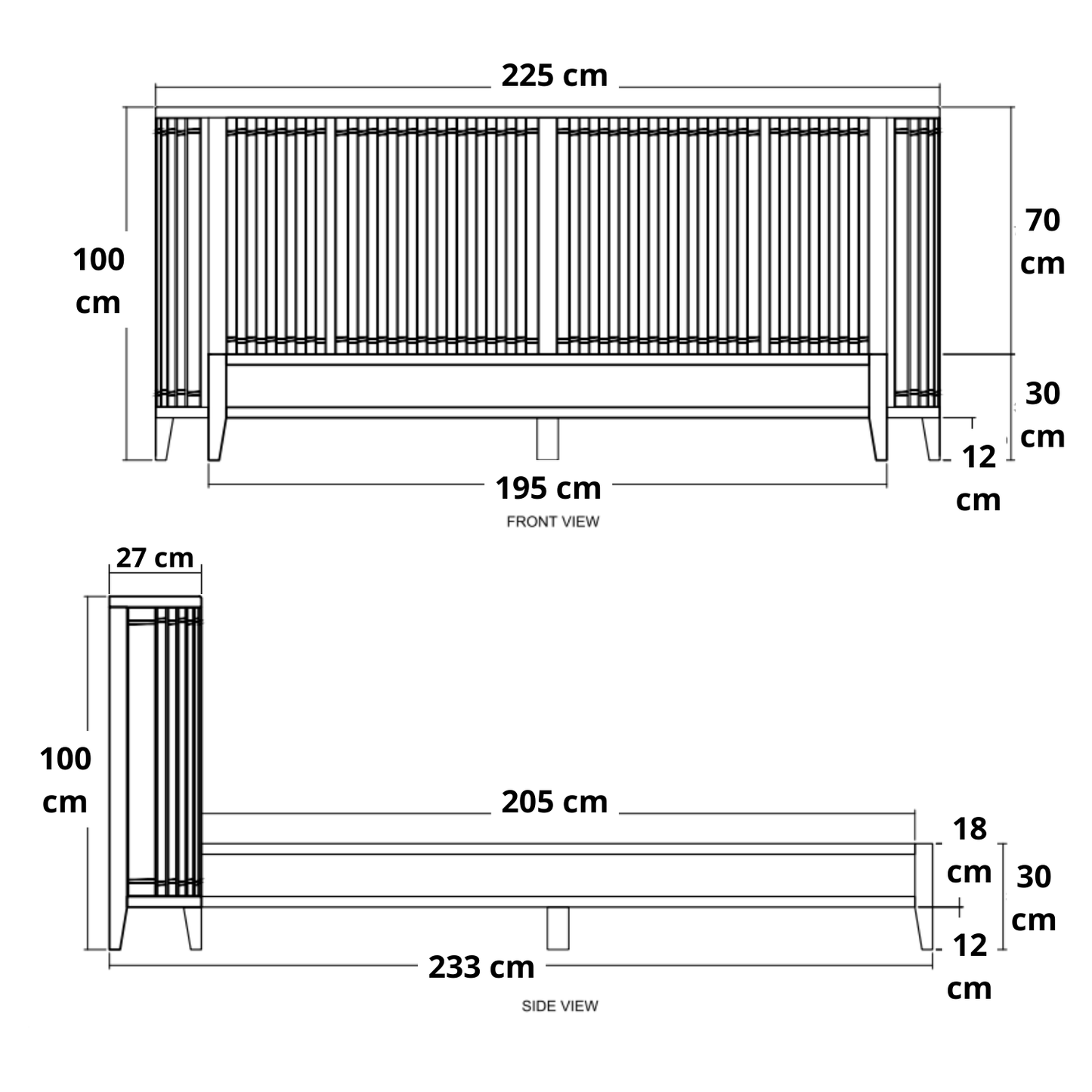 225cm x 100cm front view, 233cm side view