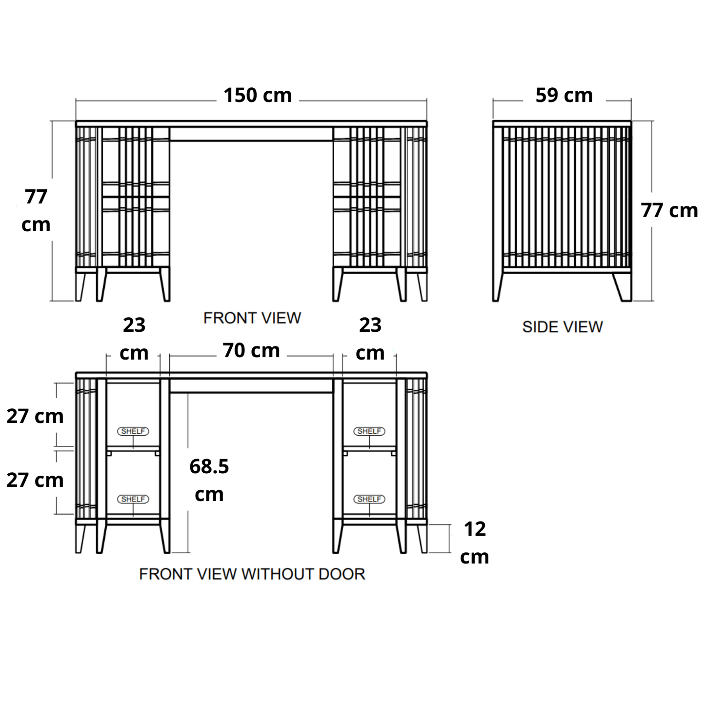 Diagram of a desk with dimensions in centimeters.