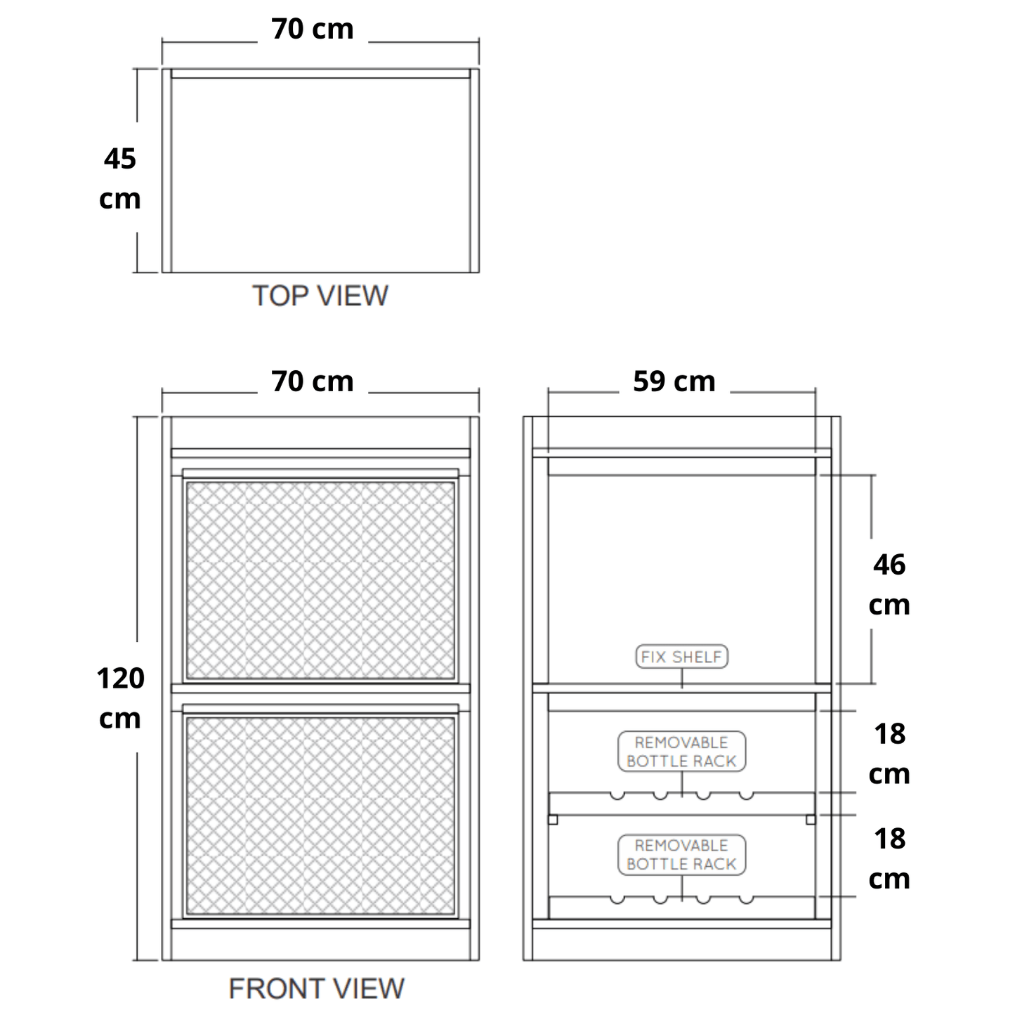 Diagram of cabinet with dimensions.