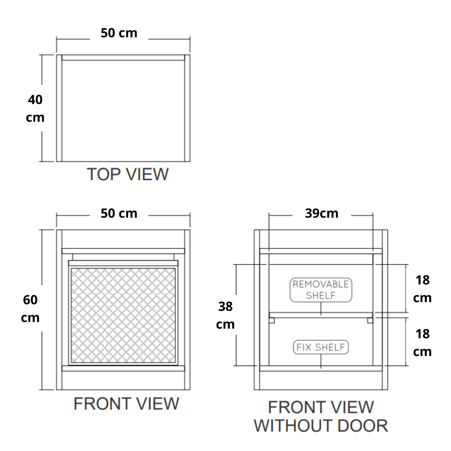 Diagram of cabinet views with dimensions.