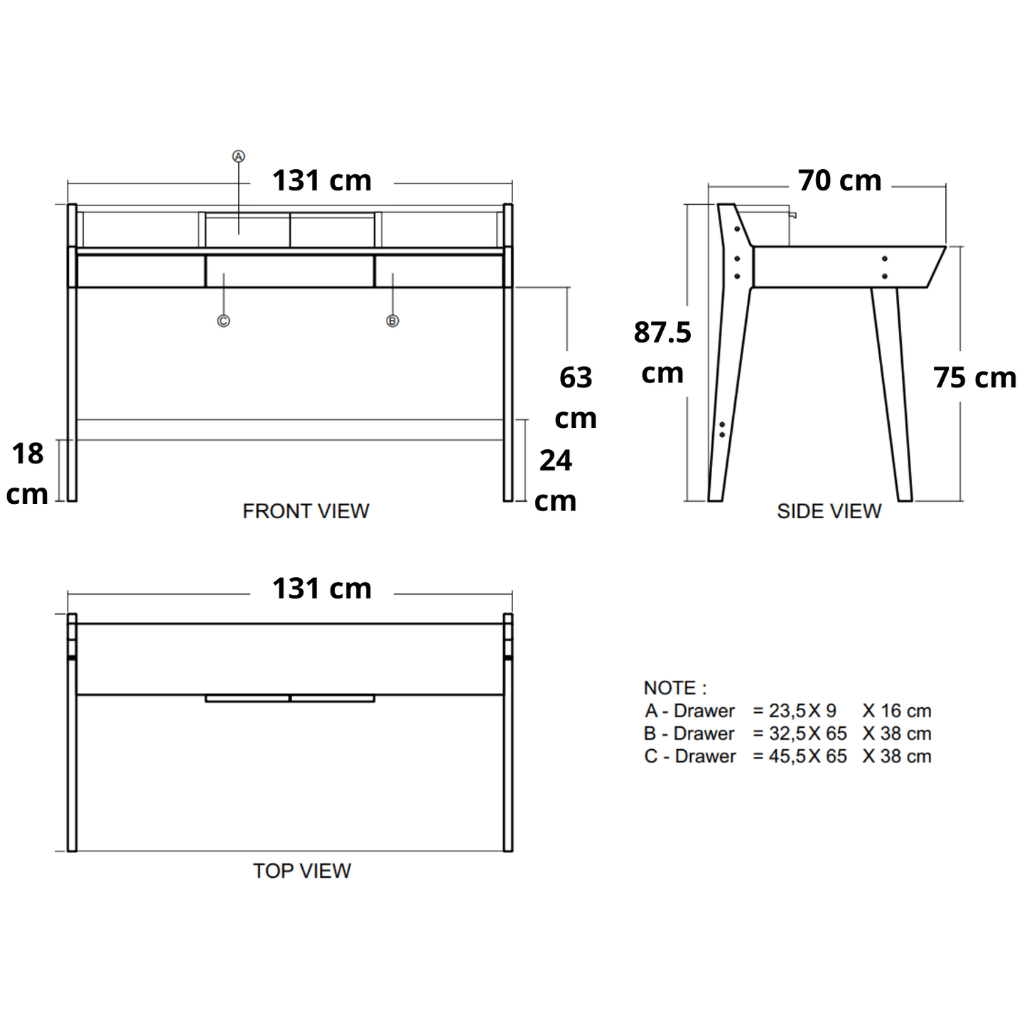 Diagram of a desk with dimensions.