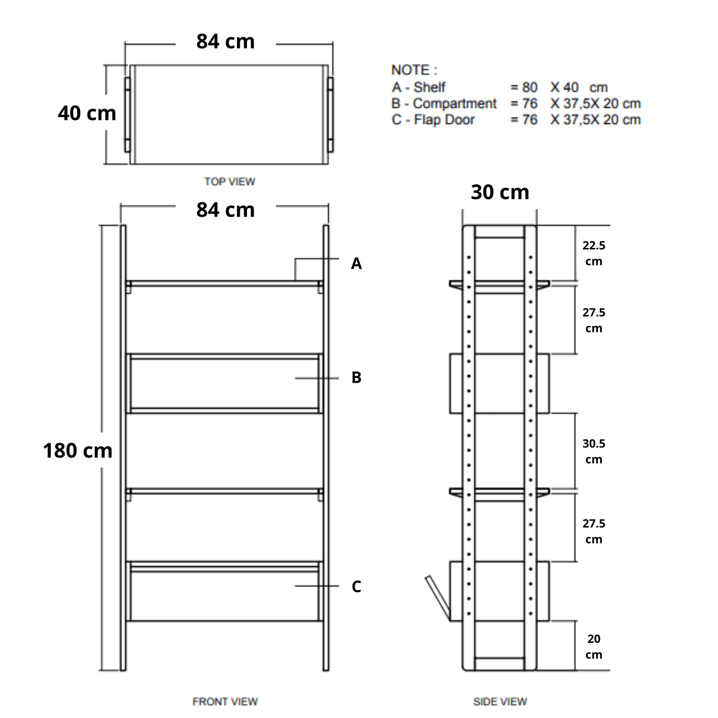Diagram of a wooden shelf unit with dimensions.