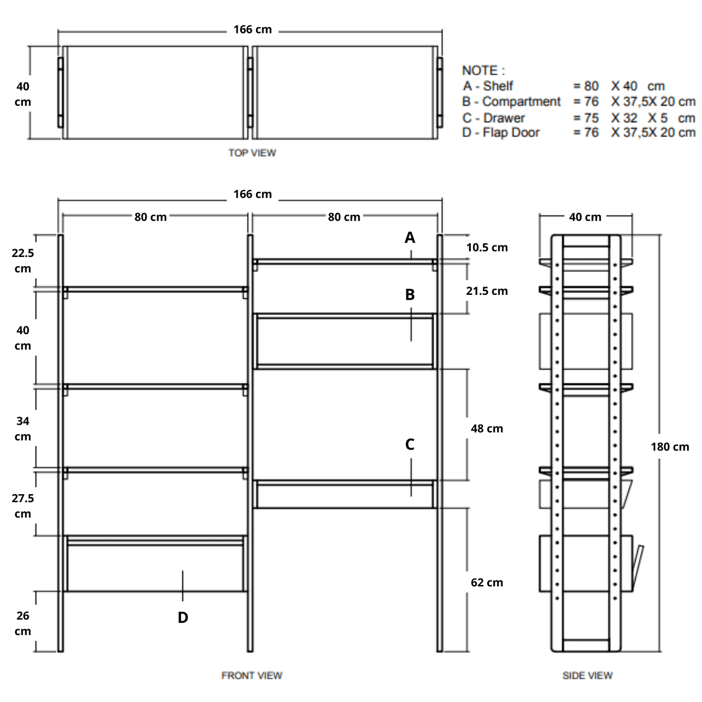 Diagram of a shelving unit with dimensions labeled.