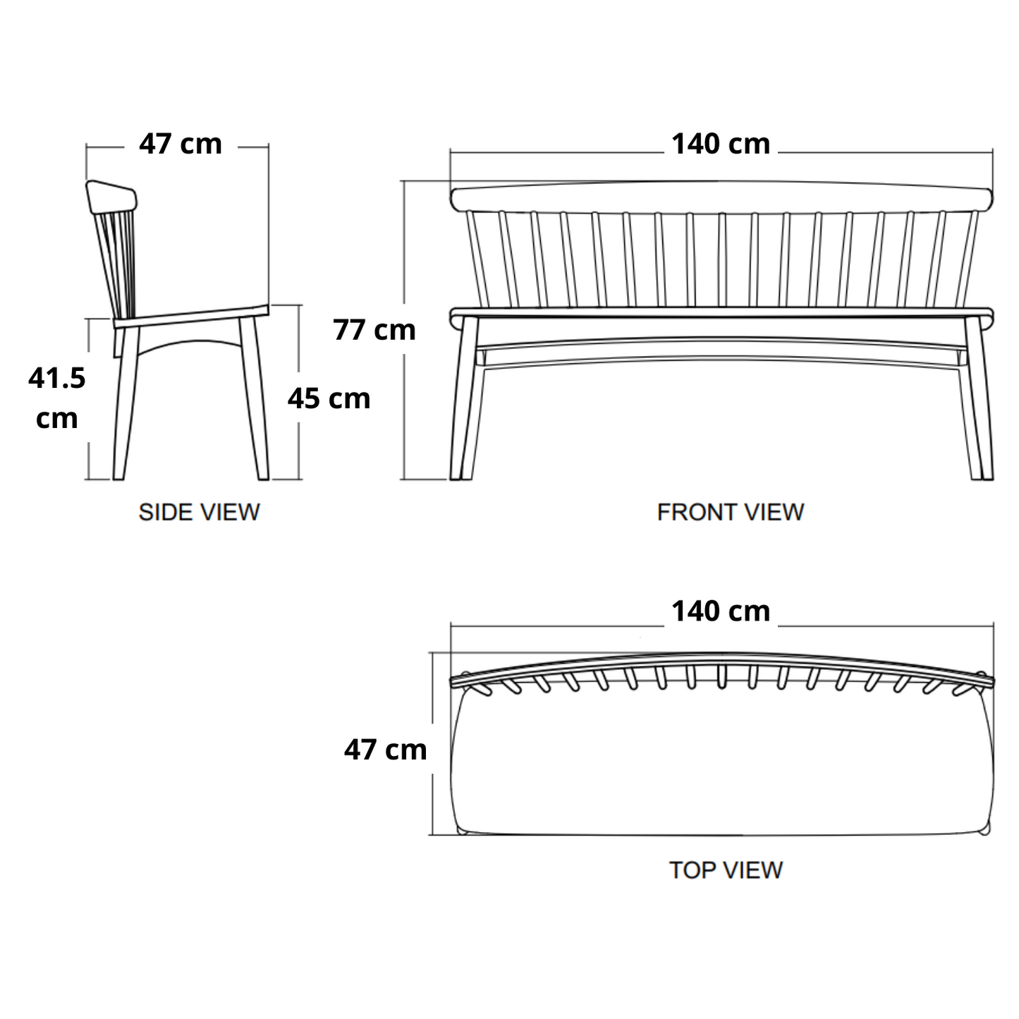 Diagram of a bench with side, front, and top view dimensions.