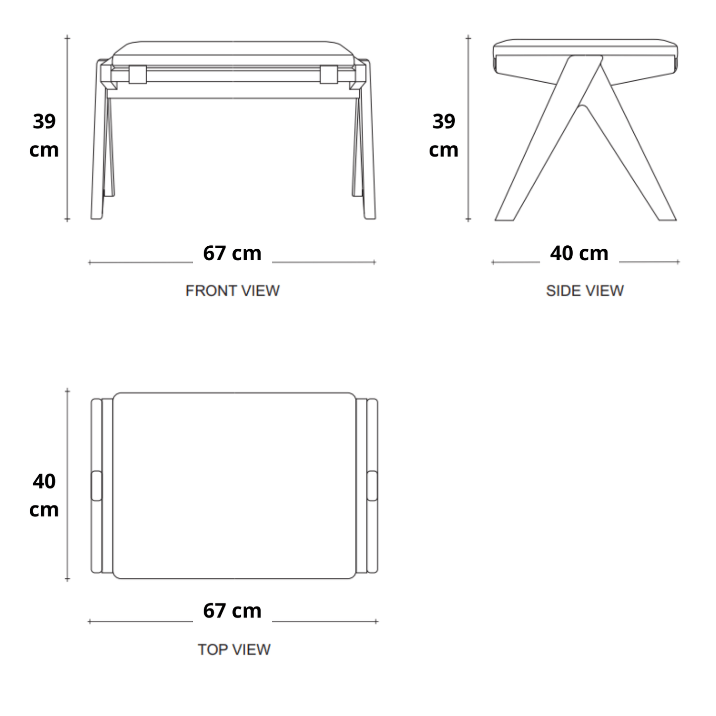 front, side, and top views.