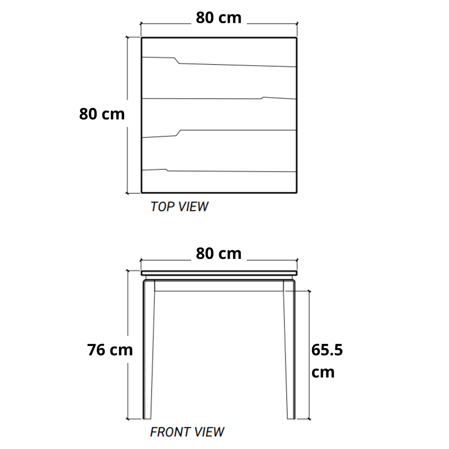 80x80 cm table dimensions, top & front view diagram