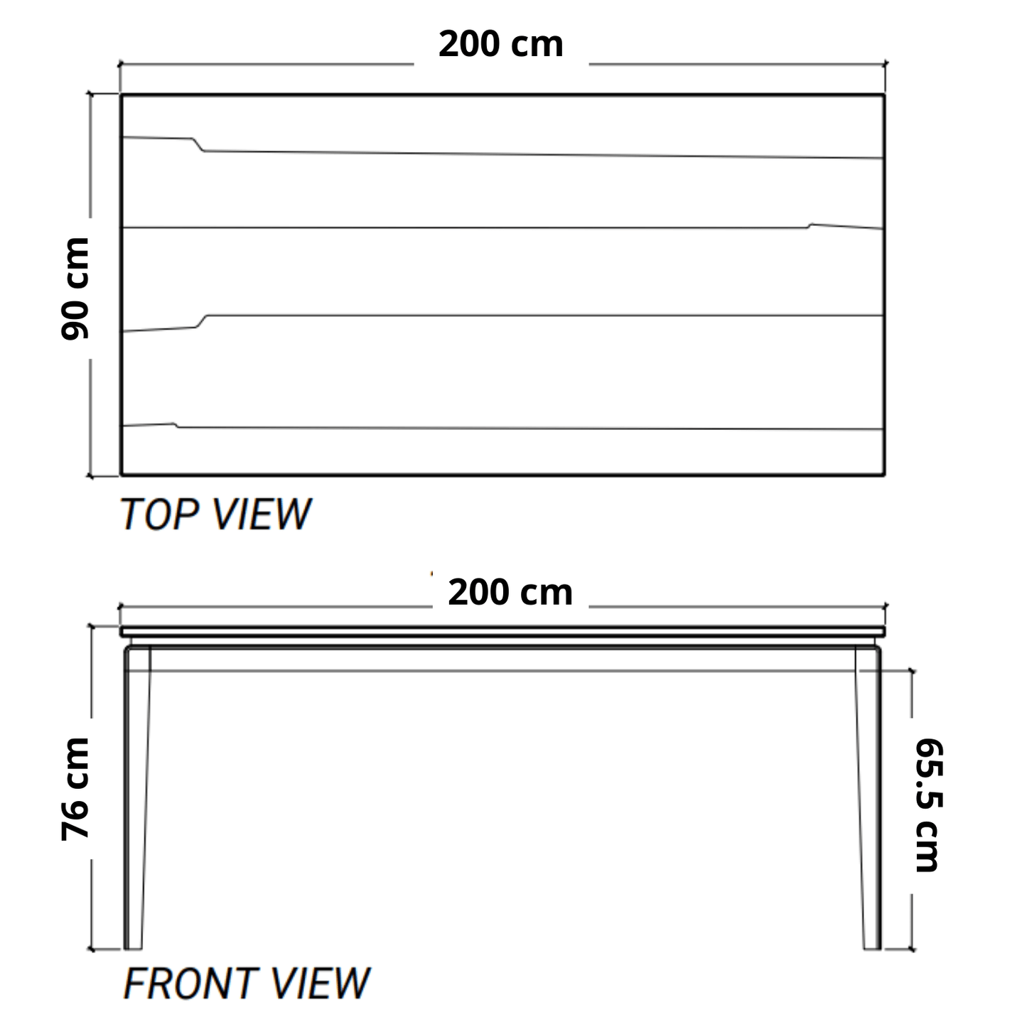 Diagram of a table, top and front view with measurements.