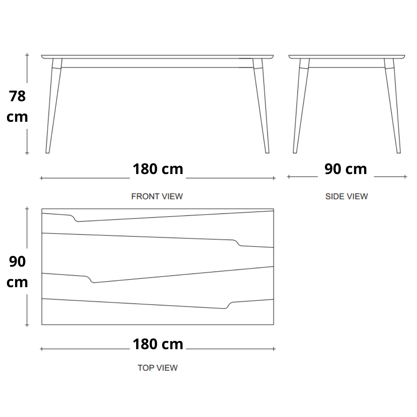 180cm x 90cm with front & side views