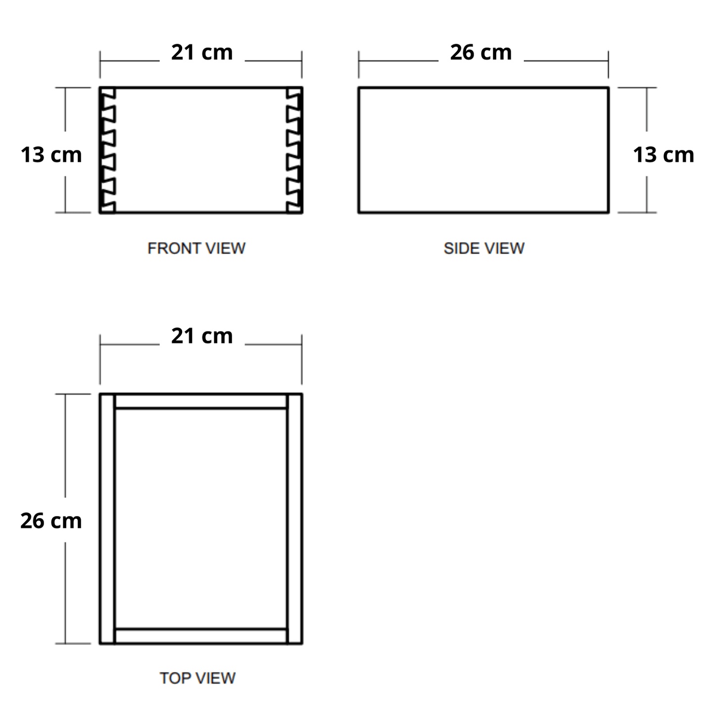 Diagram of a box with front, side, and top view dimensions labeled in cm.