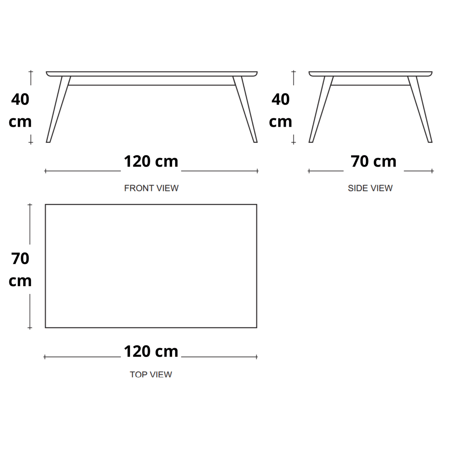 Diagram of a table with front, side, and top view dimensions.