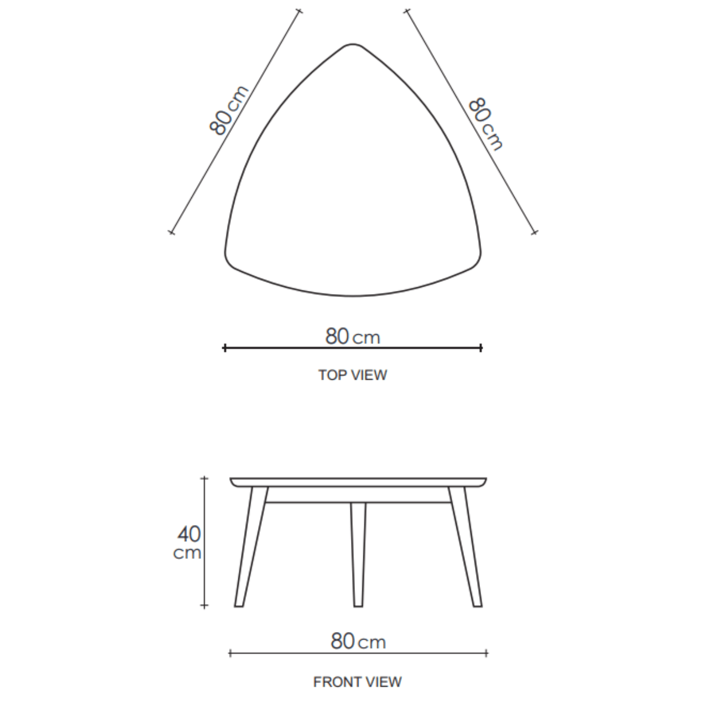 Diagram of a triangular table with dimensions.