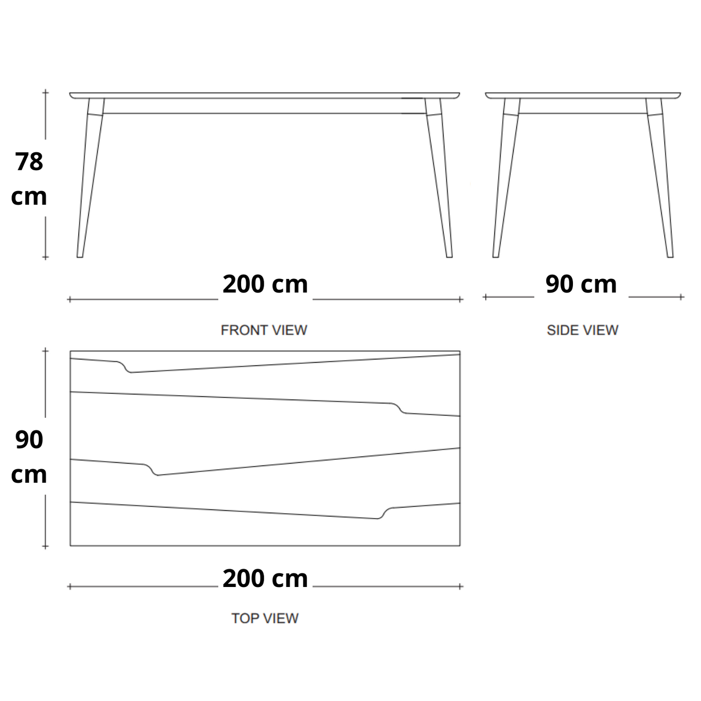 Diagram of a table with front, side, and top views, with dimensions.