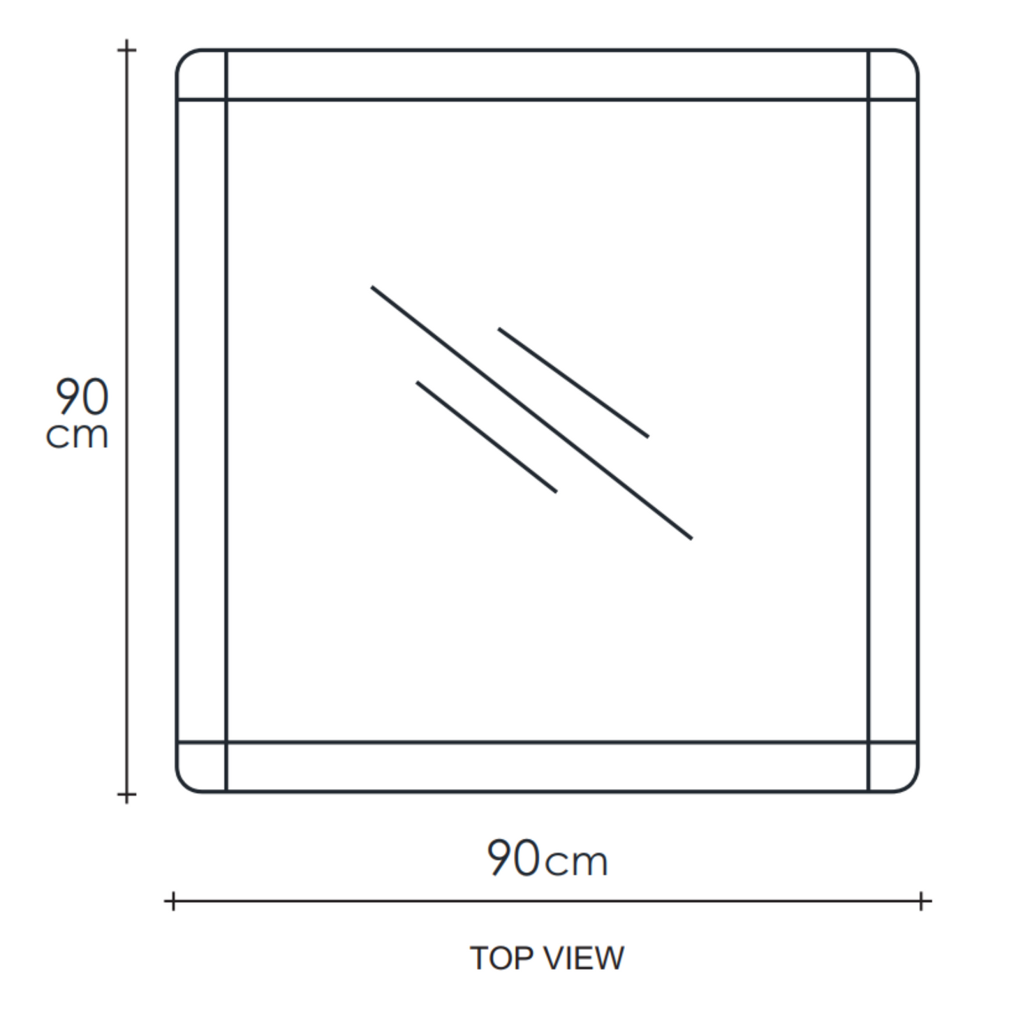 Square mirror with dimensions and top view label.
