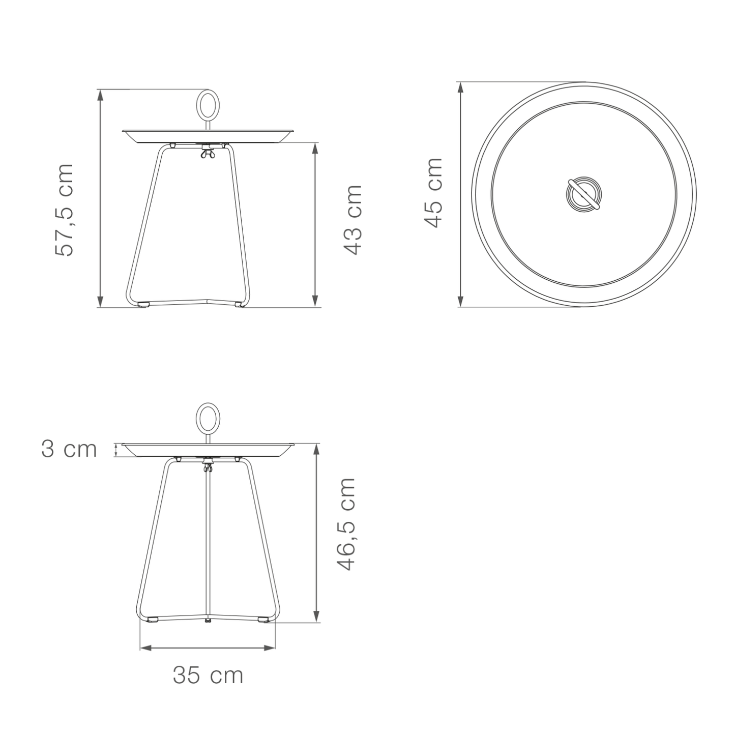 Diagram of a round side table with dimensions.