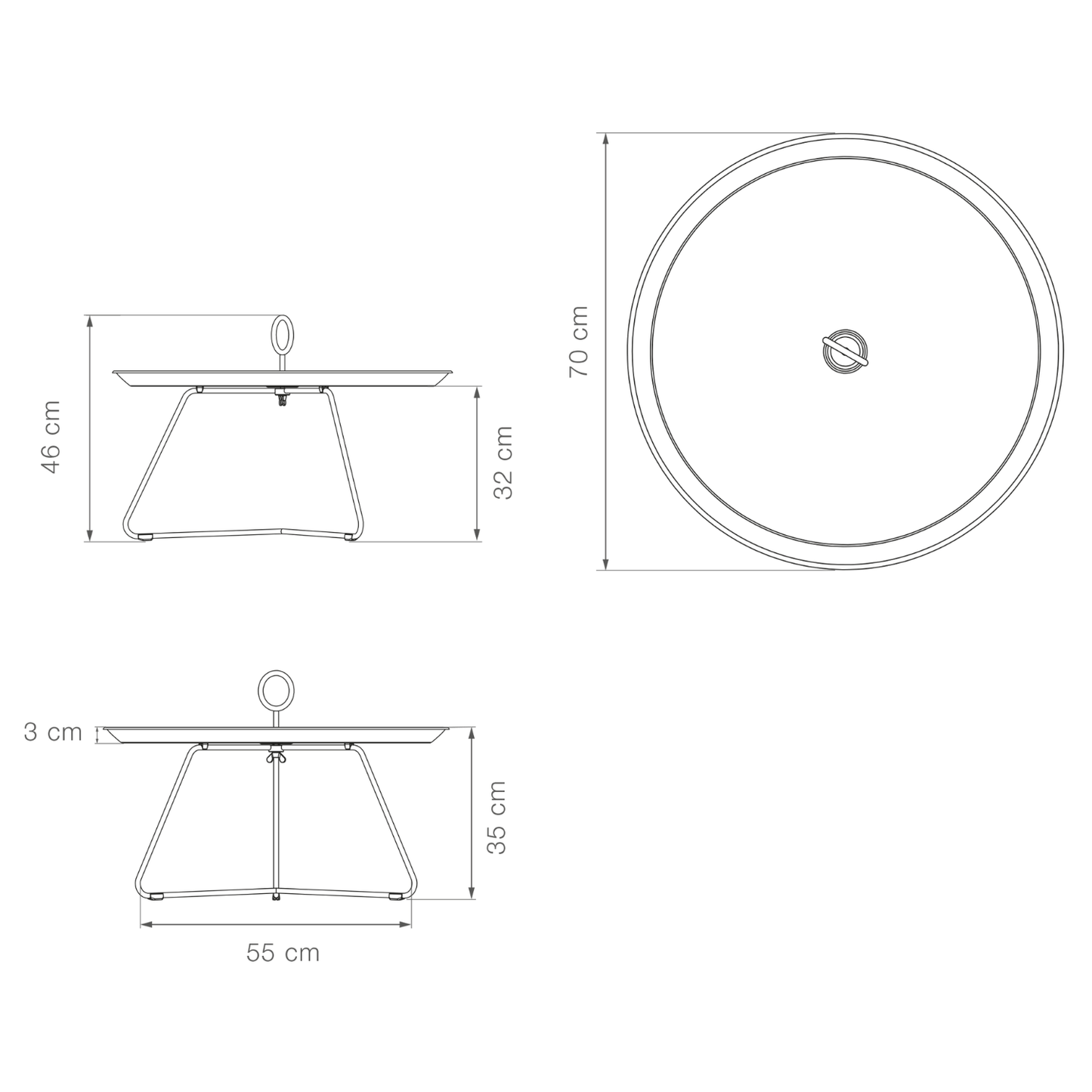 Diagram of a round table with dimensions.