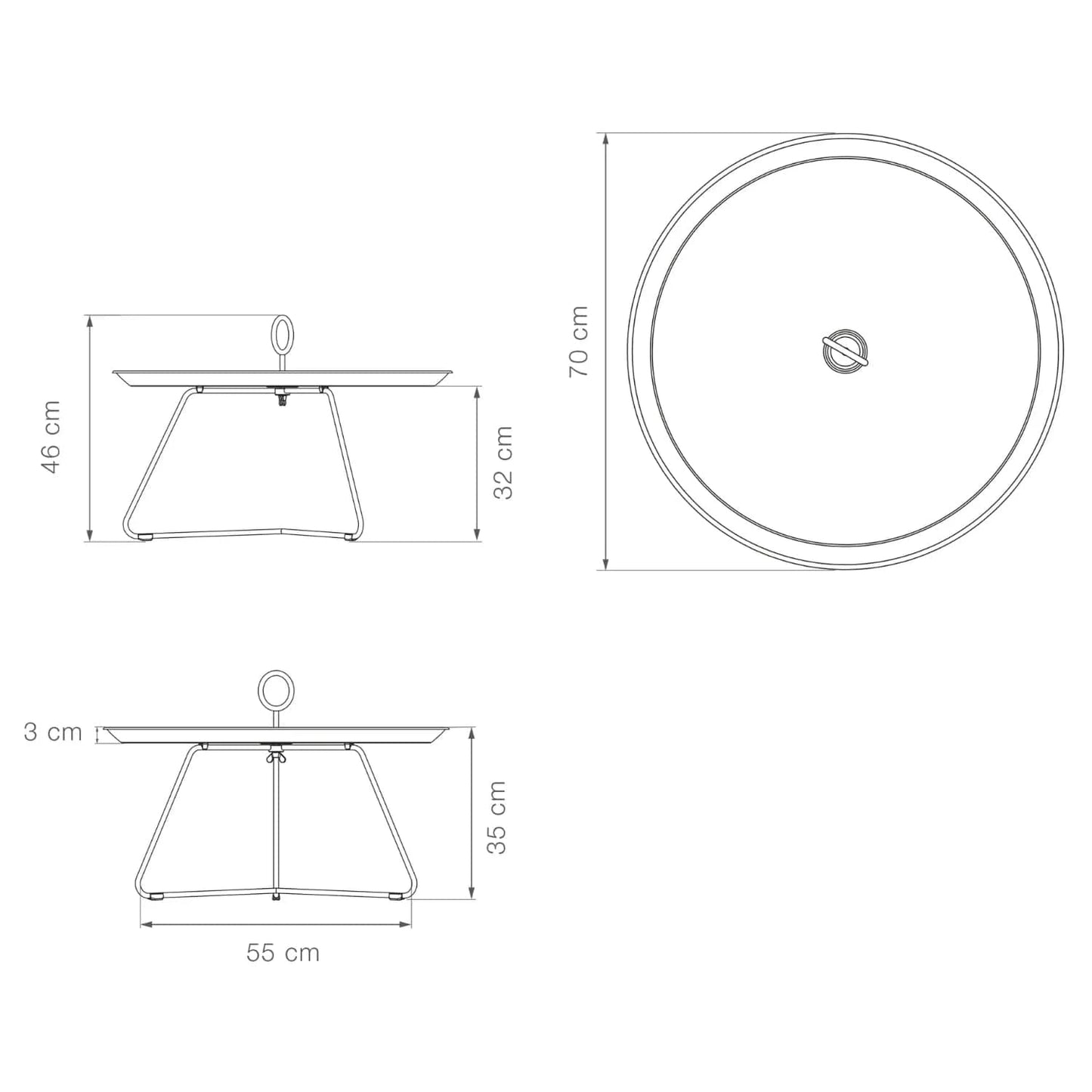 Diagram of a round table with dimensions.