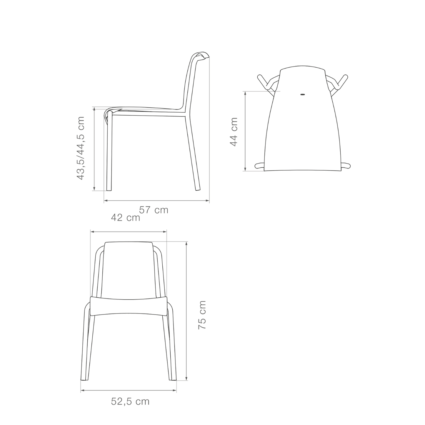 Line drawing of chair with dimensions labeled.