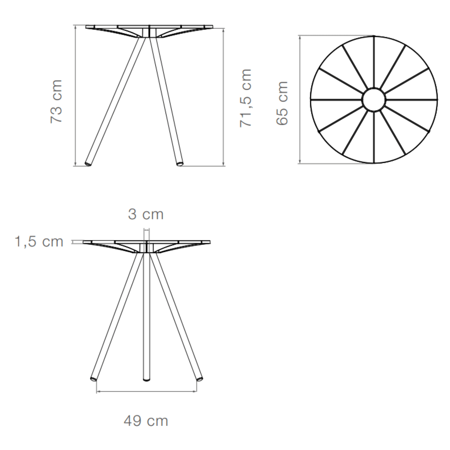 Diagram of a round table with dimensions.