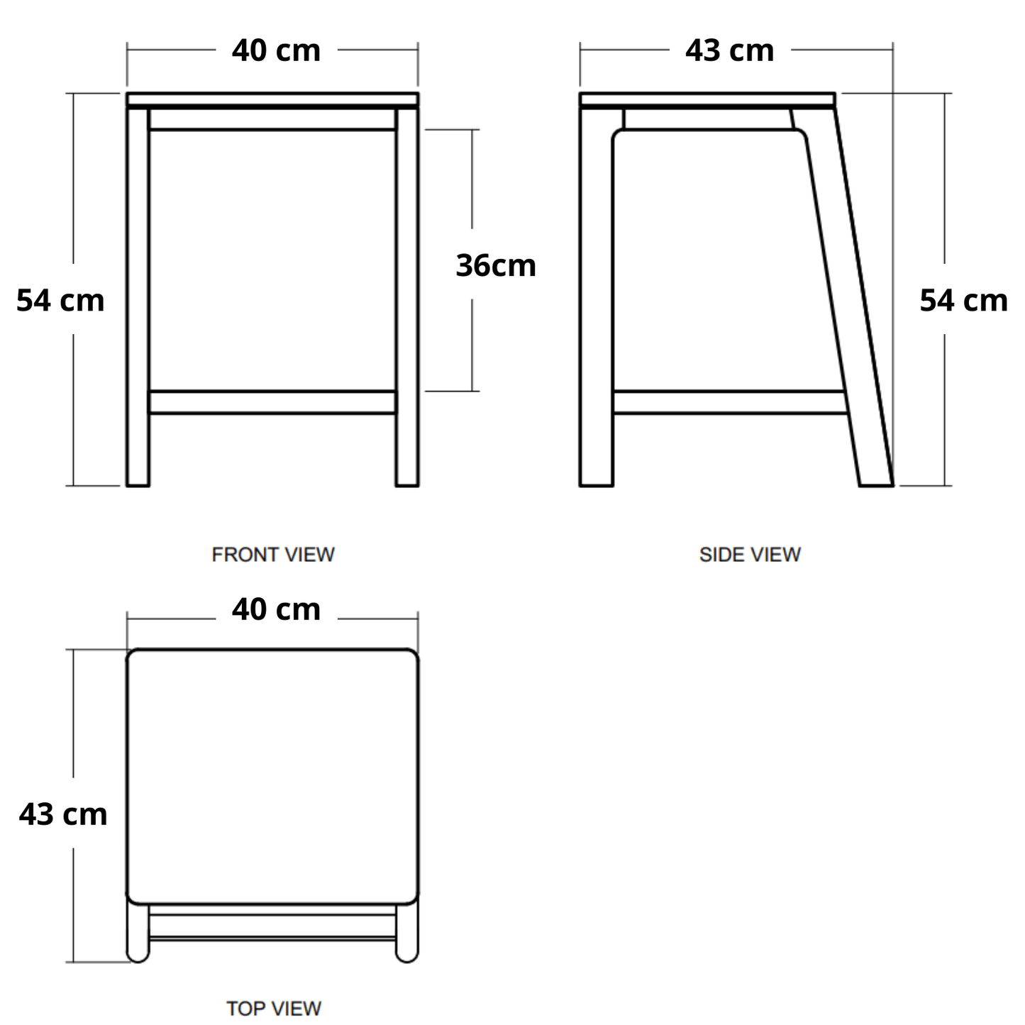 Diagram of a stool with front, side, and top views, with dimensions labeled.
