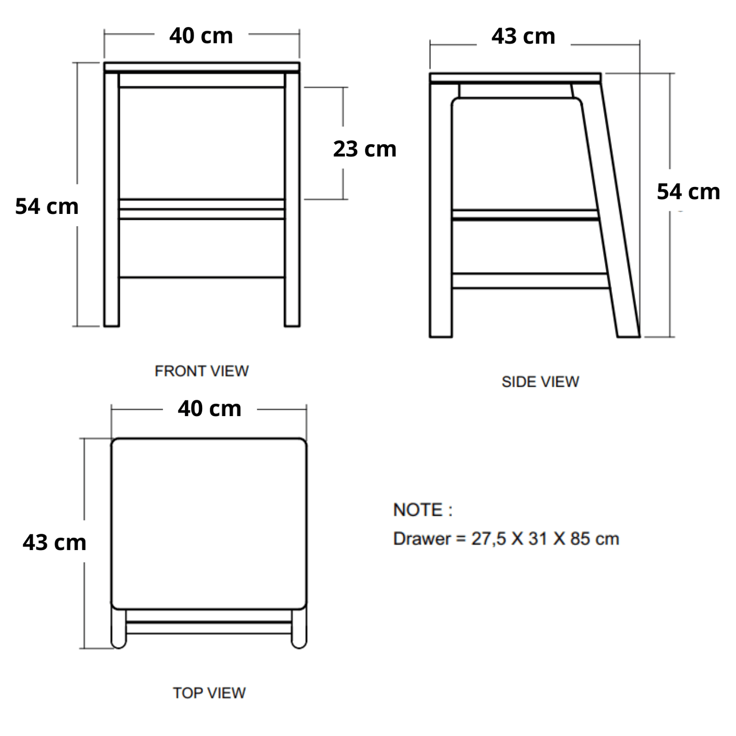Diagram of a stool with front, side, and top views, labeled with dimensions.