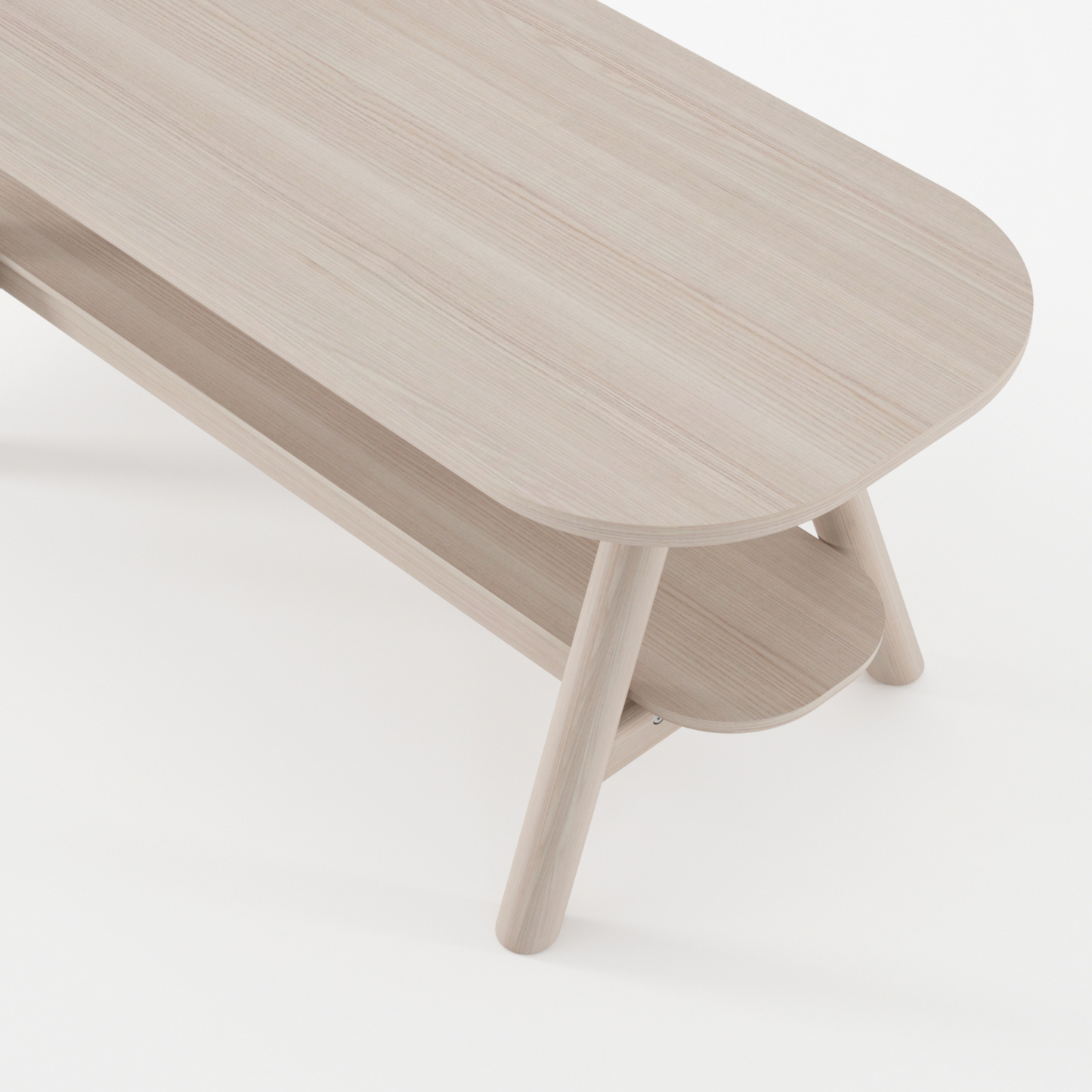 Wooden bench with two tiers and rounded edges.