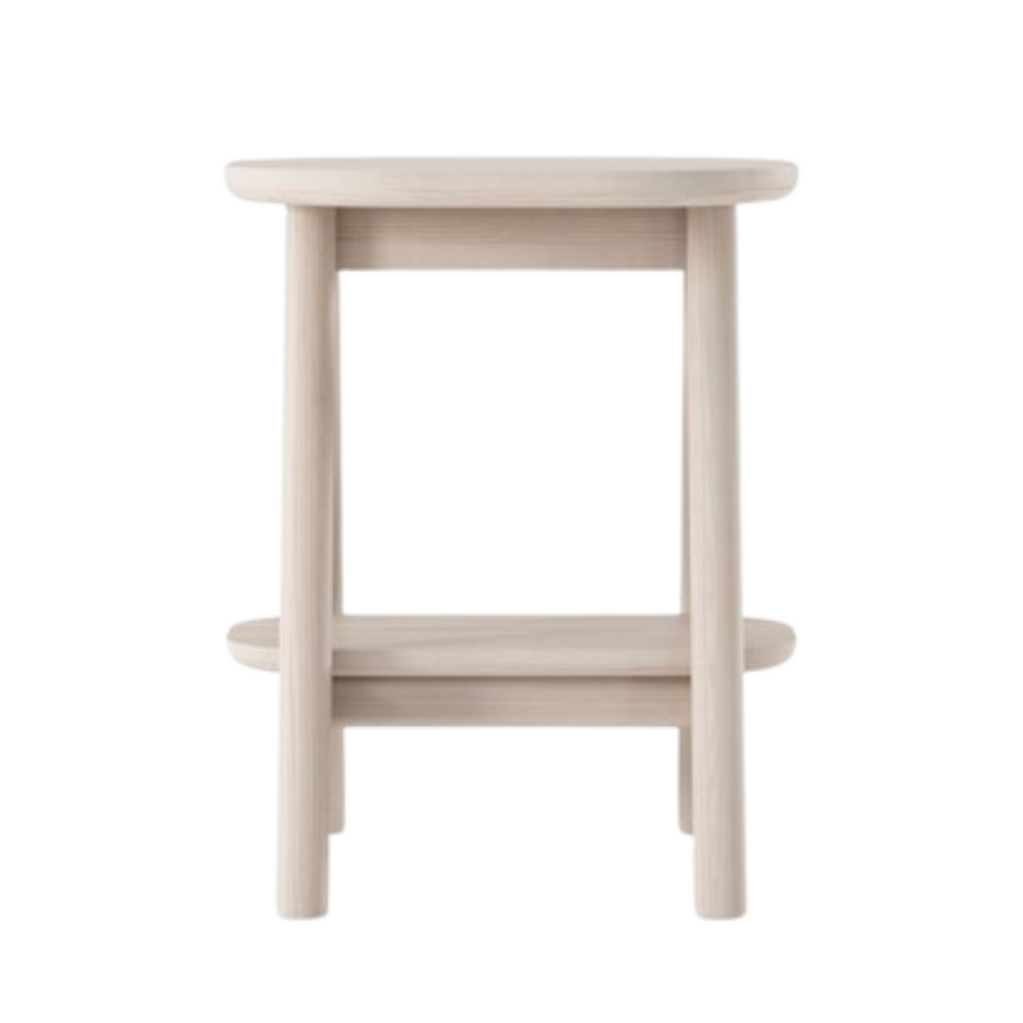 Wooden stool with a round seat and footrest.