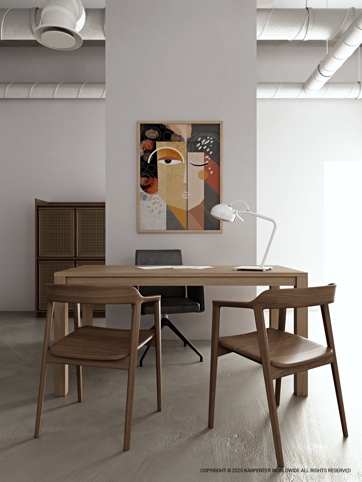 GRASSHOPPERMix interior office space with wooden furniture and artwork