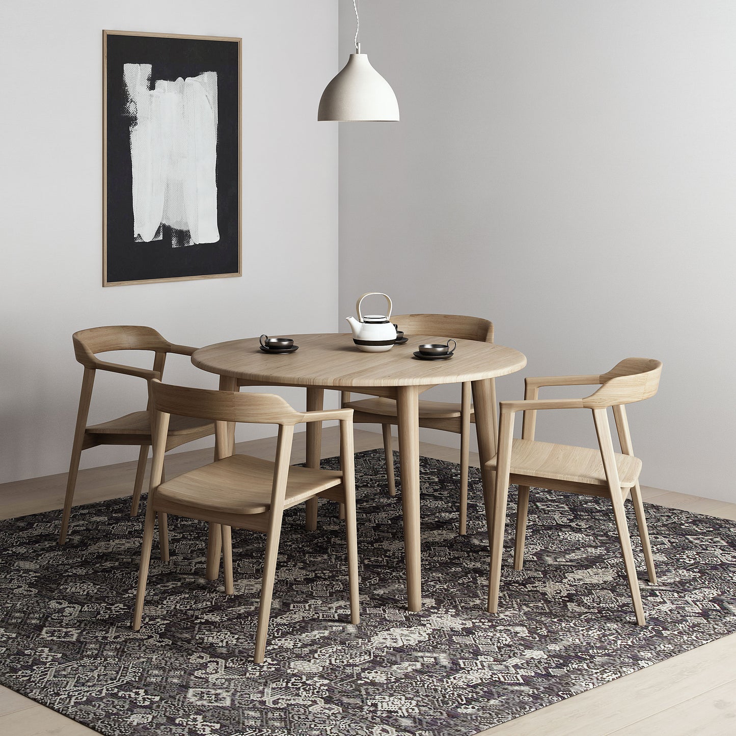 Round oak dining table set with armchairs