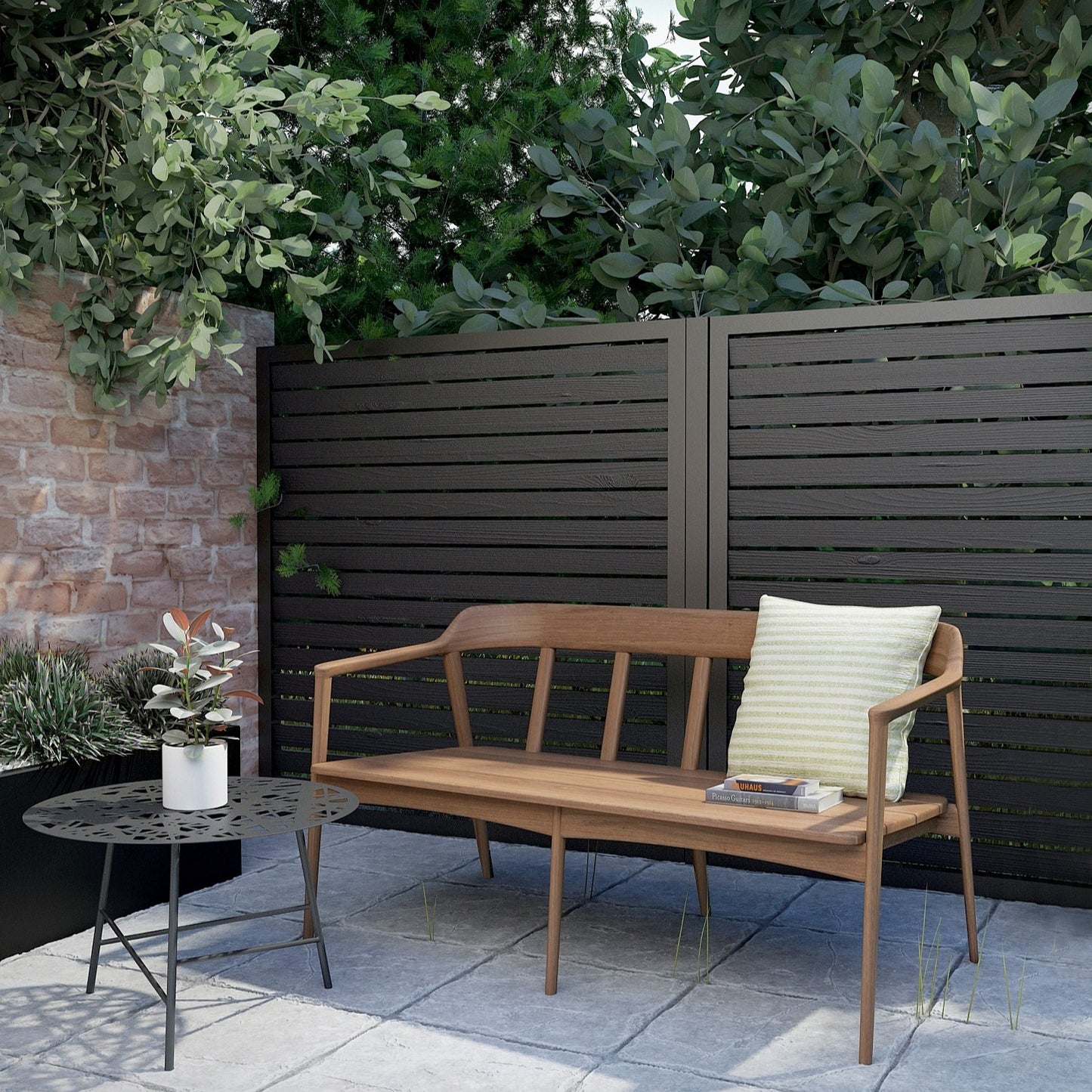 Outdoor wooden bench with pillow and table
